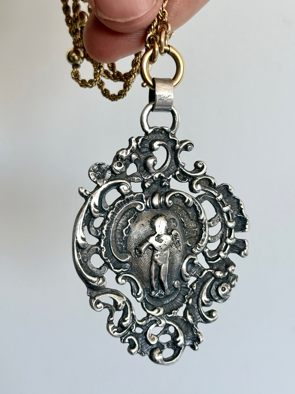 .1896 .925 antique Baroque revival left angel trumpet playing cherub filigree large sterling silver Victorian hallmarked silver pendant