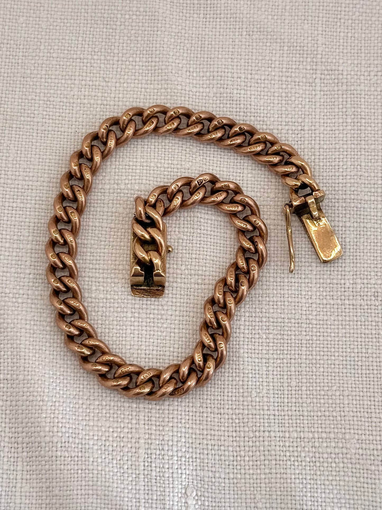 .1900s .375 9ct antique heirloom gold chunky solid weighted warm Rose Gold English 9ct gold hallmarked curb chain fob chain box clasp bracelet