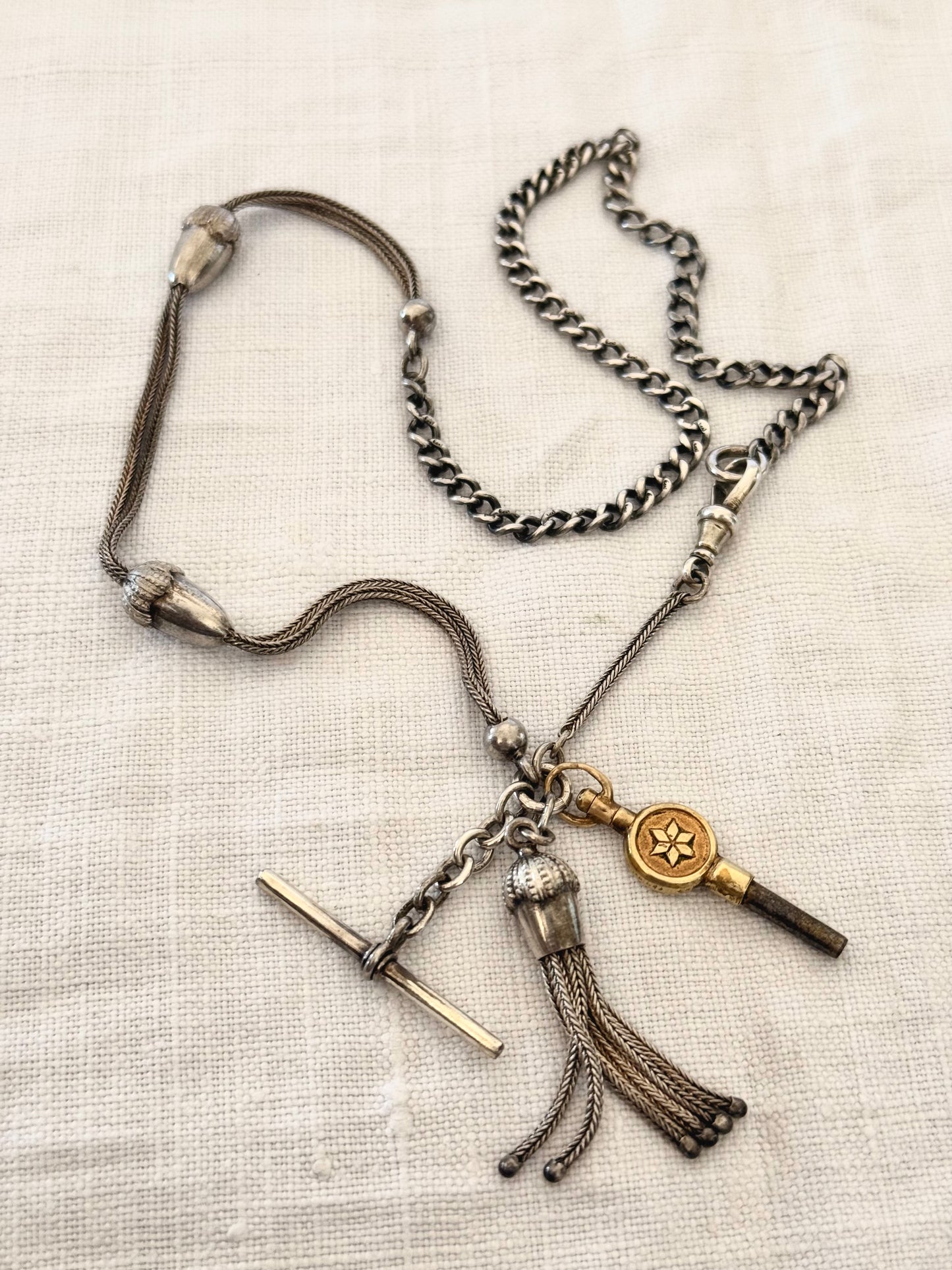 .1890s .1910s .925 antique rare Belle Epoque fancy Acorn lucky token Albertina chain hallmark silver fob chain necklace with Etruscan revival tassel fob and brass watch winder key dangles