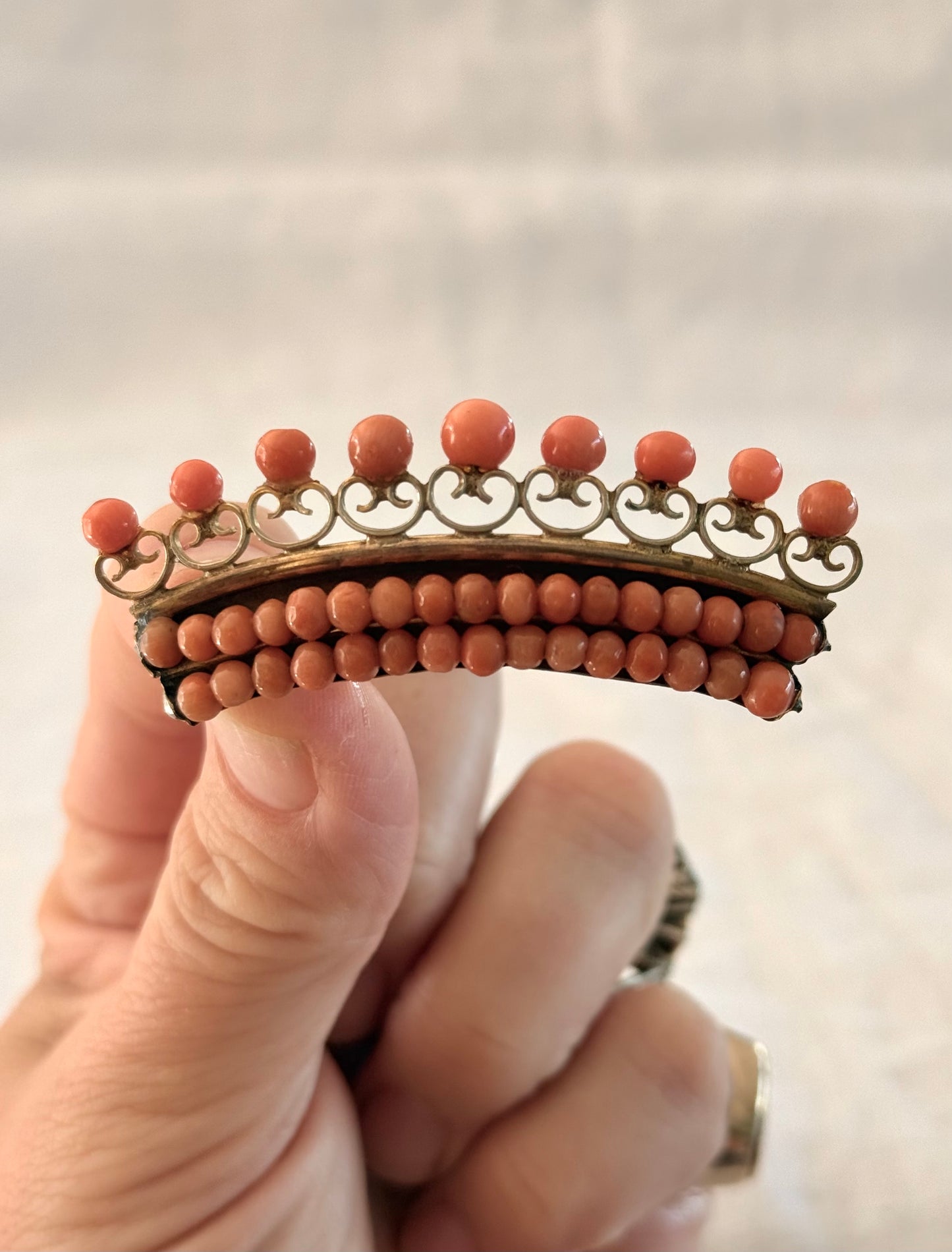 .1800s 19th century antique Salmon Coral Crown Tiara gold tone brooch pin