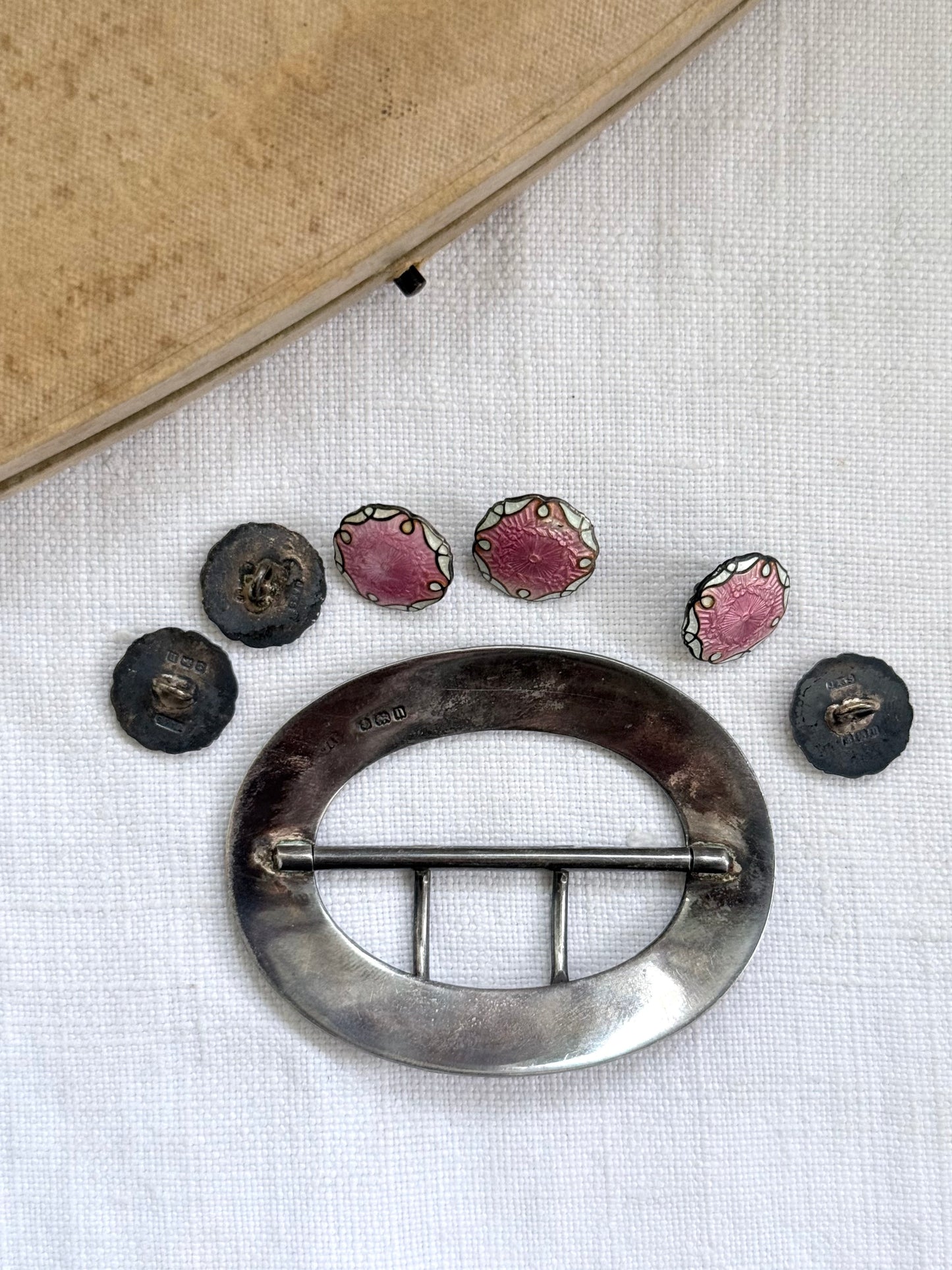 .1912 .925 antique rare collectors pink white enamel Birmingham hallmarked sterling silver Edwardian cased buckle and button and hat pin original boxed set