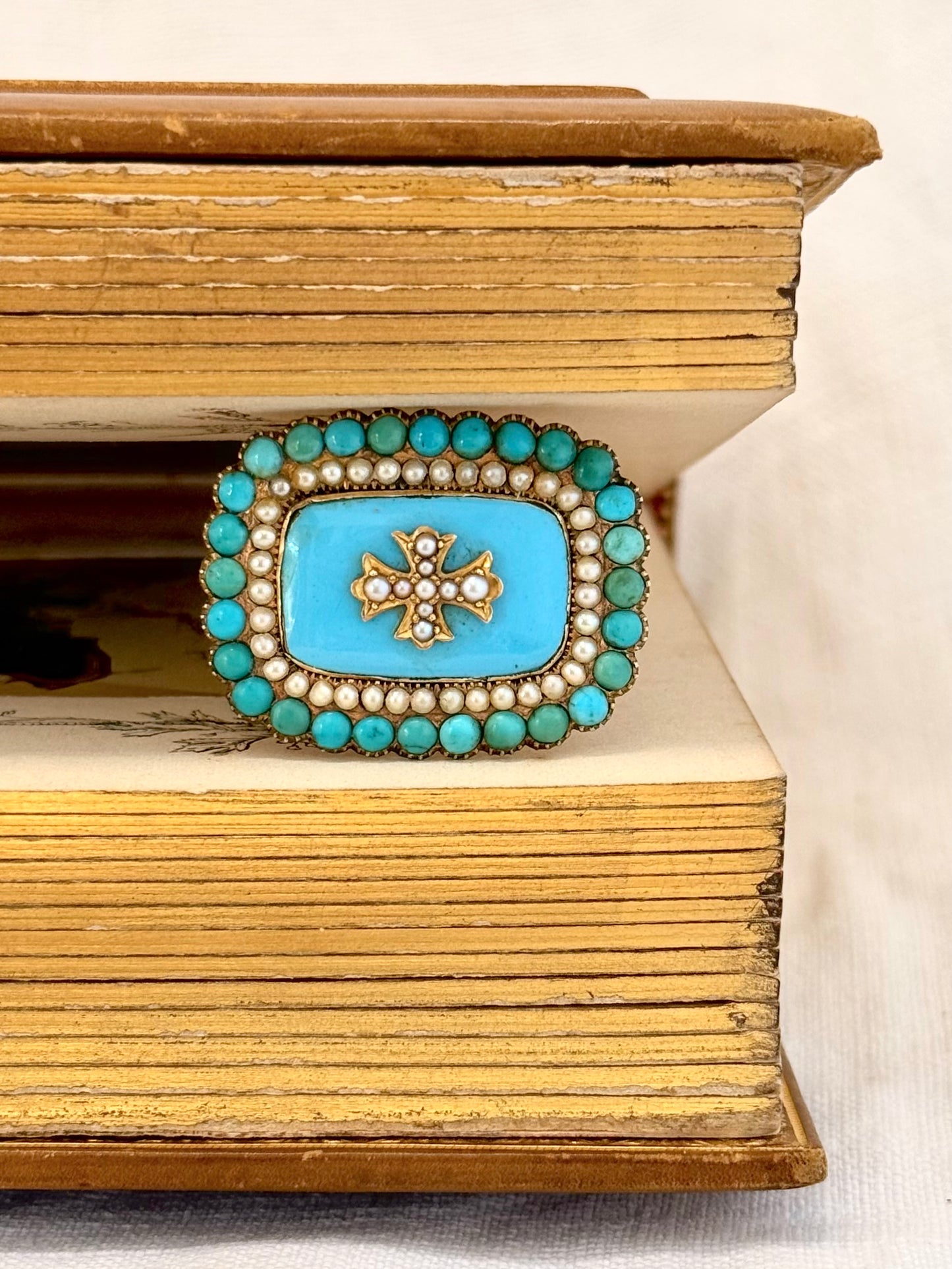 .15ct .1800s antique late Georgian early Victorian rare and magnificent Turquoise Pearl enamel high carat gold Maltese cross brooch pin