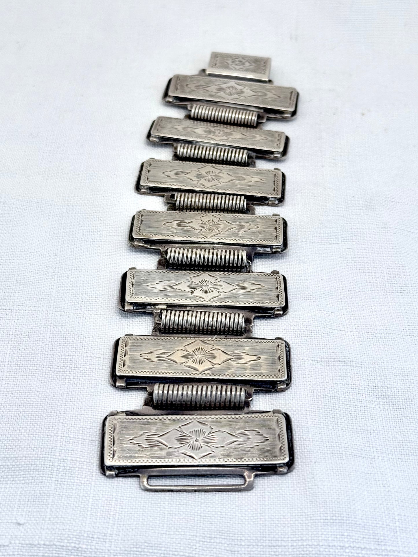 .1880s .1890s .925 Aesthetic Victorian era wide link and solid silver etched panel bracelet