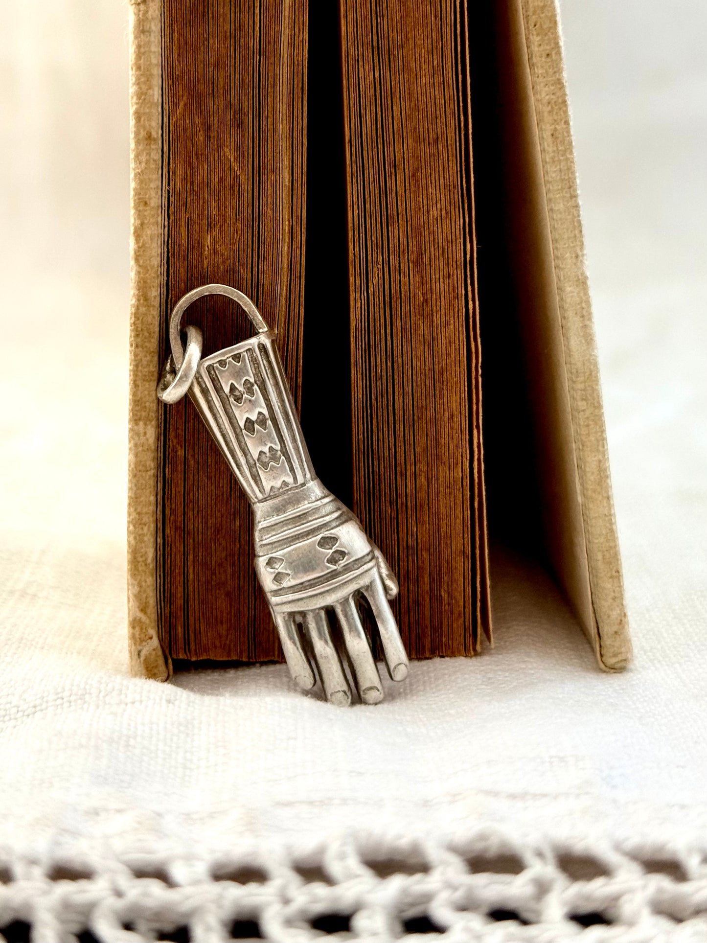 .925 artisan made large hand token good luck talisman token hand crafted sterling silver art token pendant