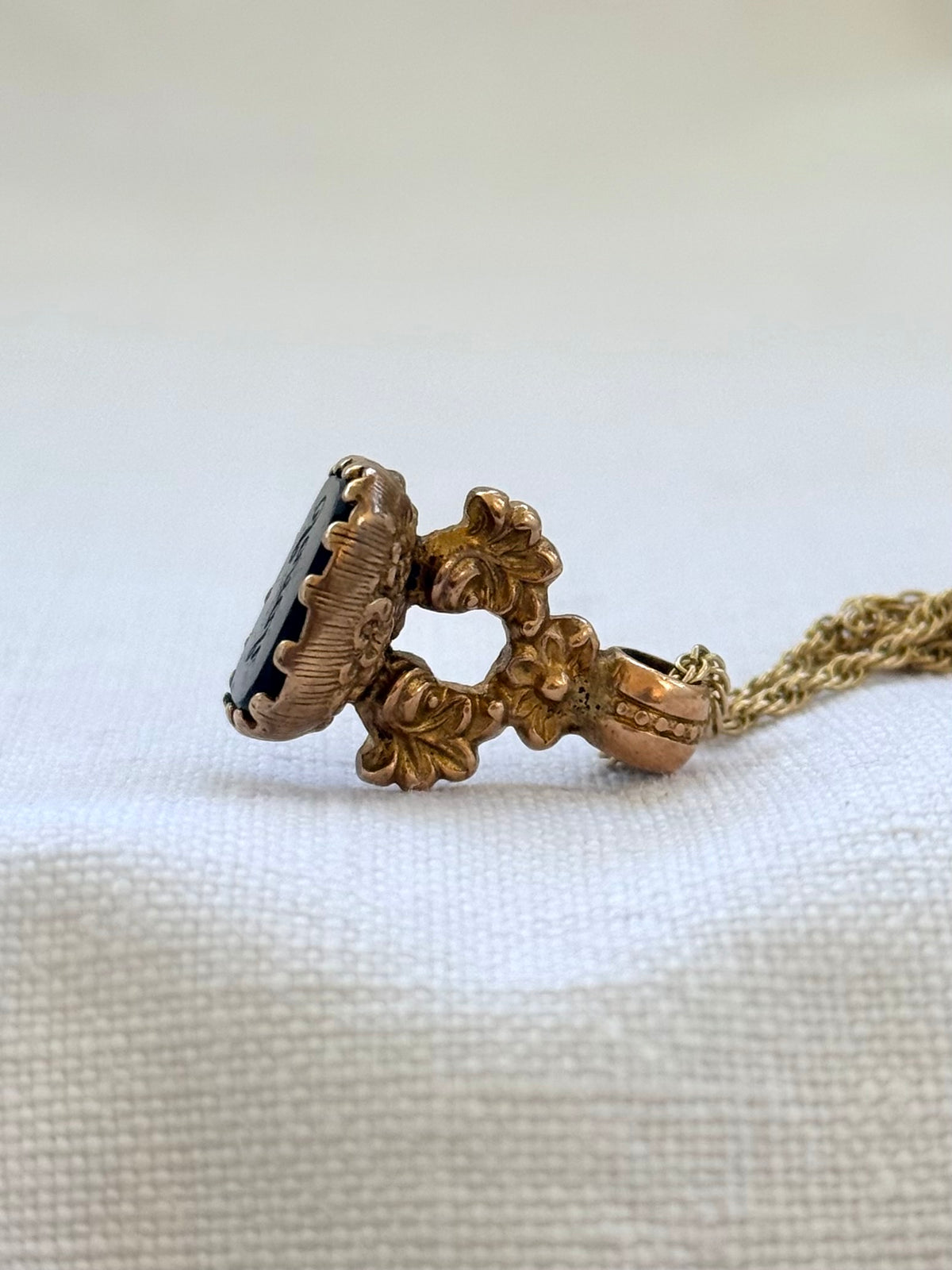 .1800s .1830s .375 .9ct antique Baroque revival Georgian hand carved solid rose gold “Sanah” engraved Onyx gemstone wax seal fob pendant