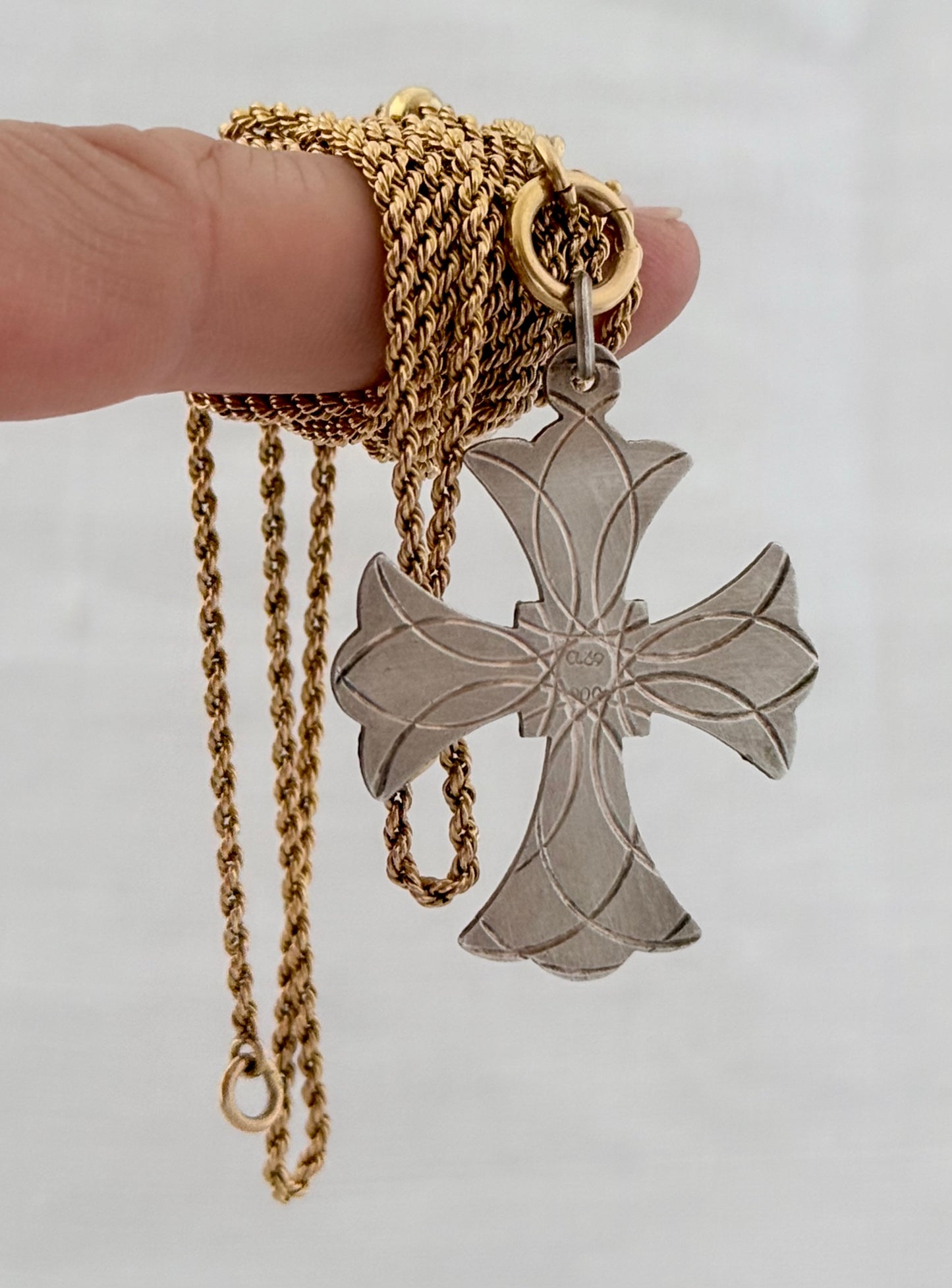 .1970s .950 Patonce Cross quality hand made solid silver modernist vintage large cross religious token pendant.