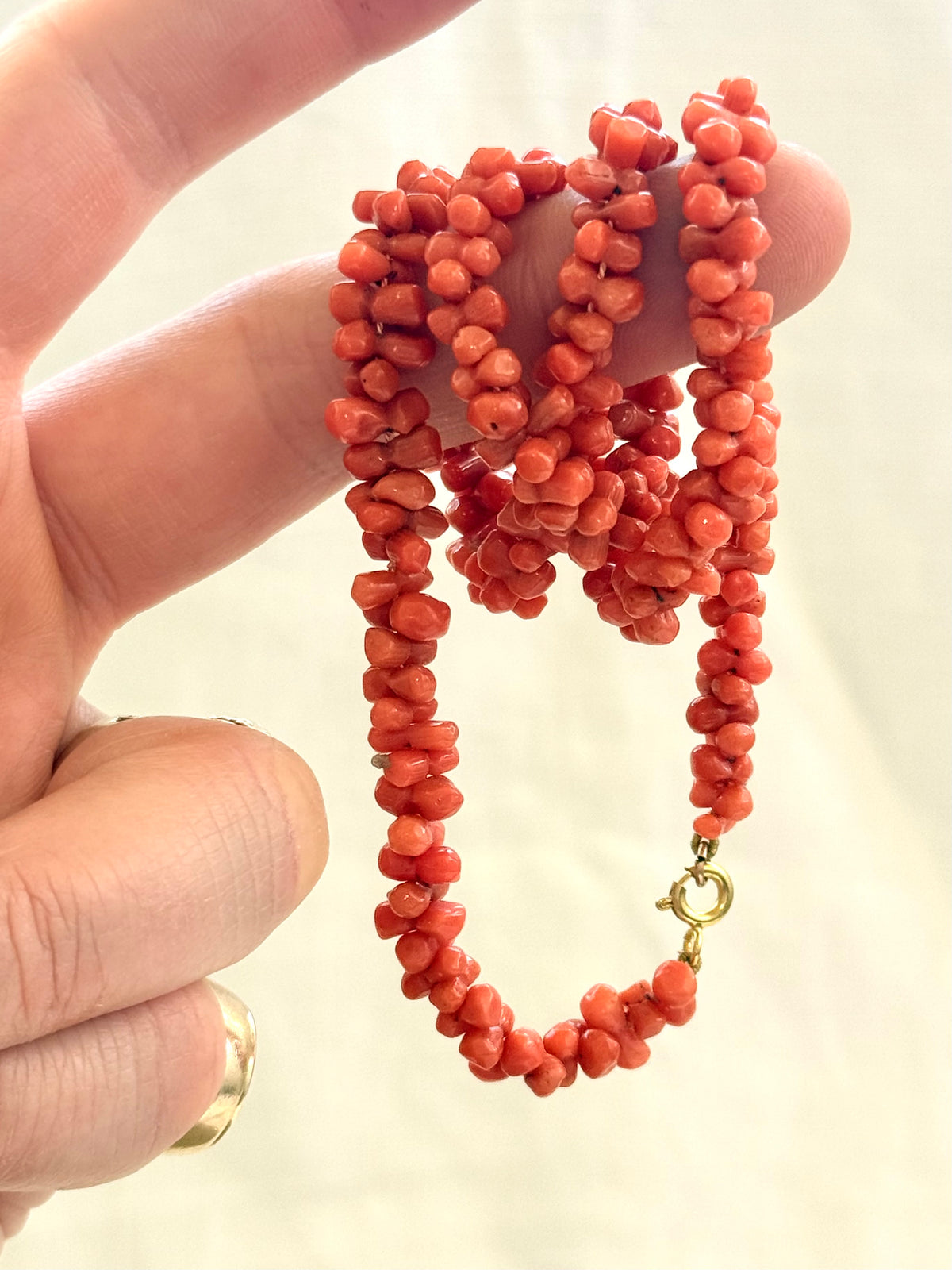 .1800s .1900s .375 .9ct gold Natural Salmon carved Coral dogbone bead Coral treasured heirloom necklace