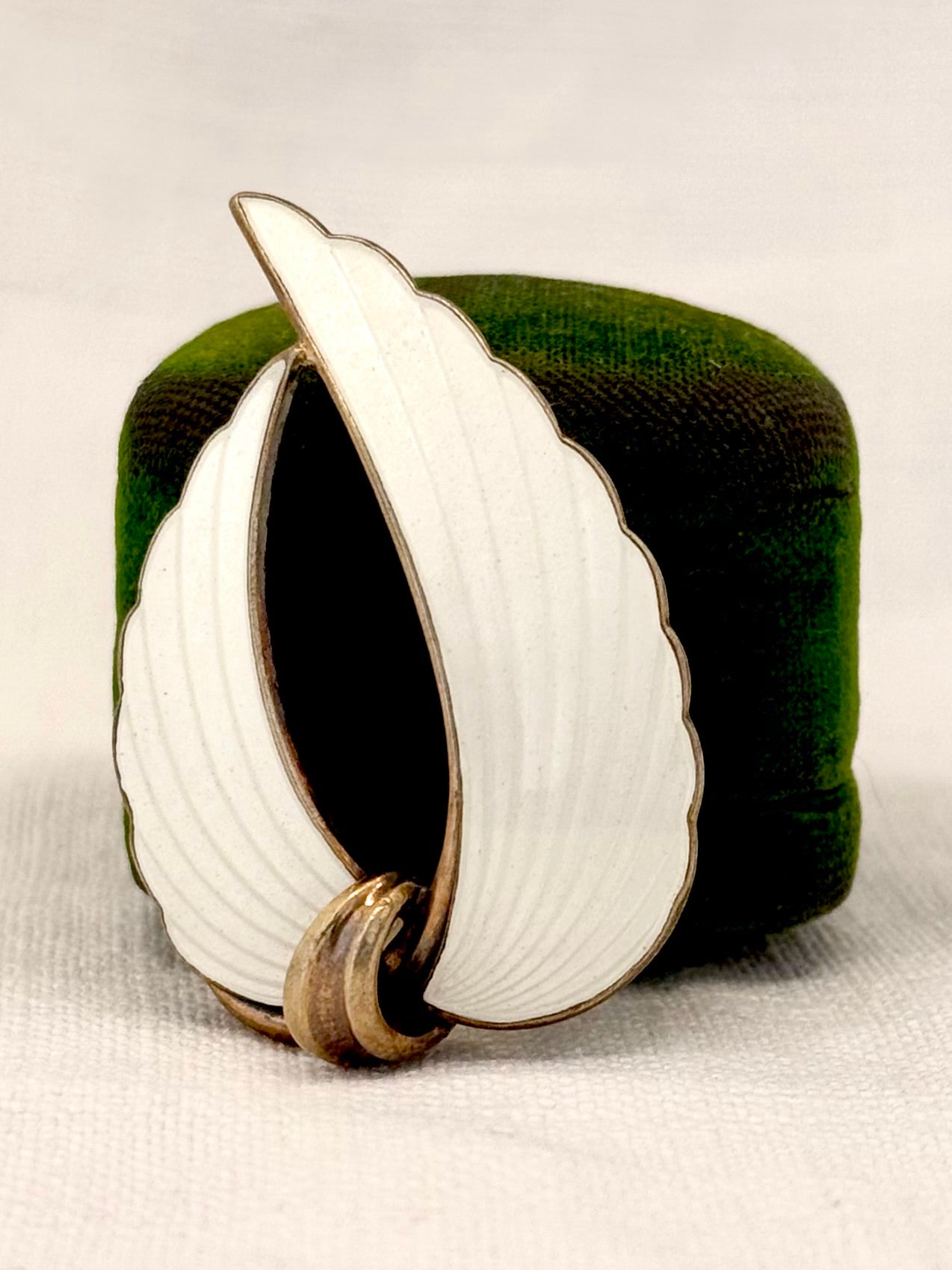 .1940s .925 Albert Scharning Norway silver and ice white guilloche enamel Viking leaf Scandinavian mid century modern designer brooch pin