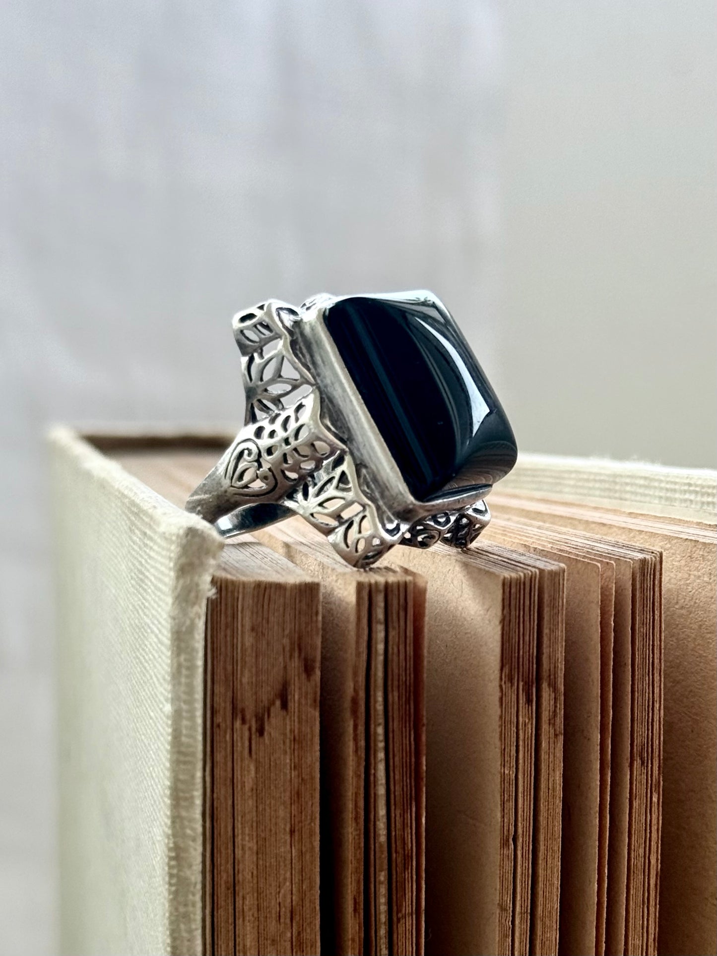 .925 artisan made large black Onyx cushion cut gemstone sterling silver lace cut statement dress cocktail ring