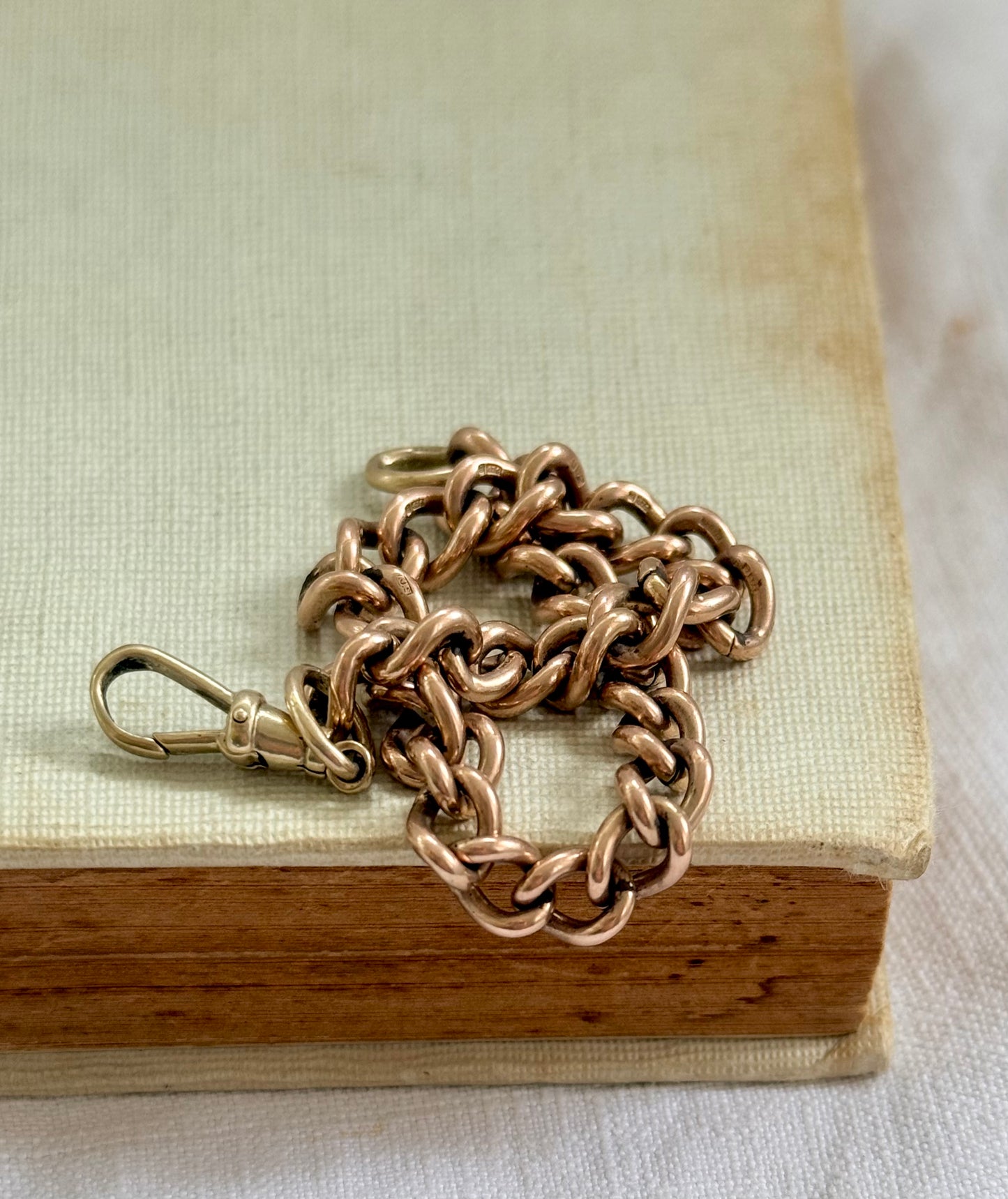 .375 .9ct solid rose gold heirloom English hallmarked 9ct gold fob chain curb chain bracelet extension link