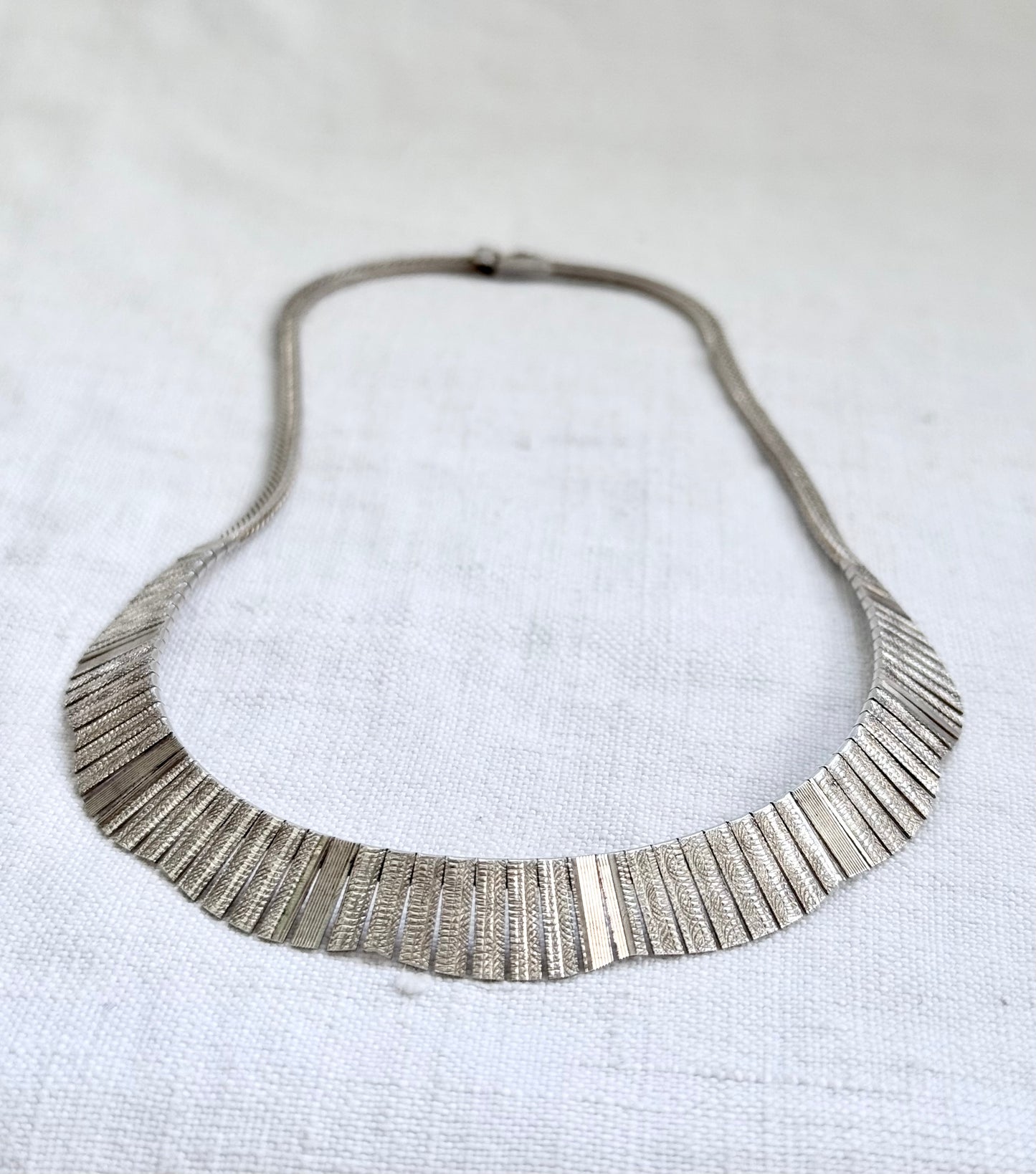 .1960s .1970s .925 Cleopatra Bib styled Scallop form textured form Mid Century Modern bib sterling silver necklace