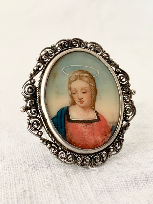 .800 1940s Holy Virgin Mother Mary Hand Painted artisan miniature Mother Mary 800 silver fine filigree frame brooch