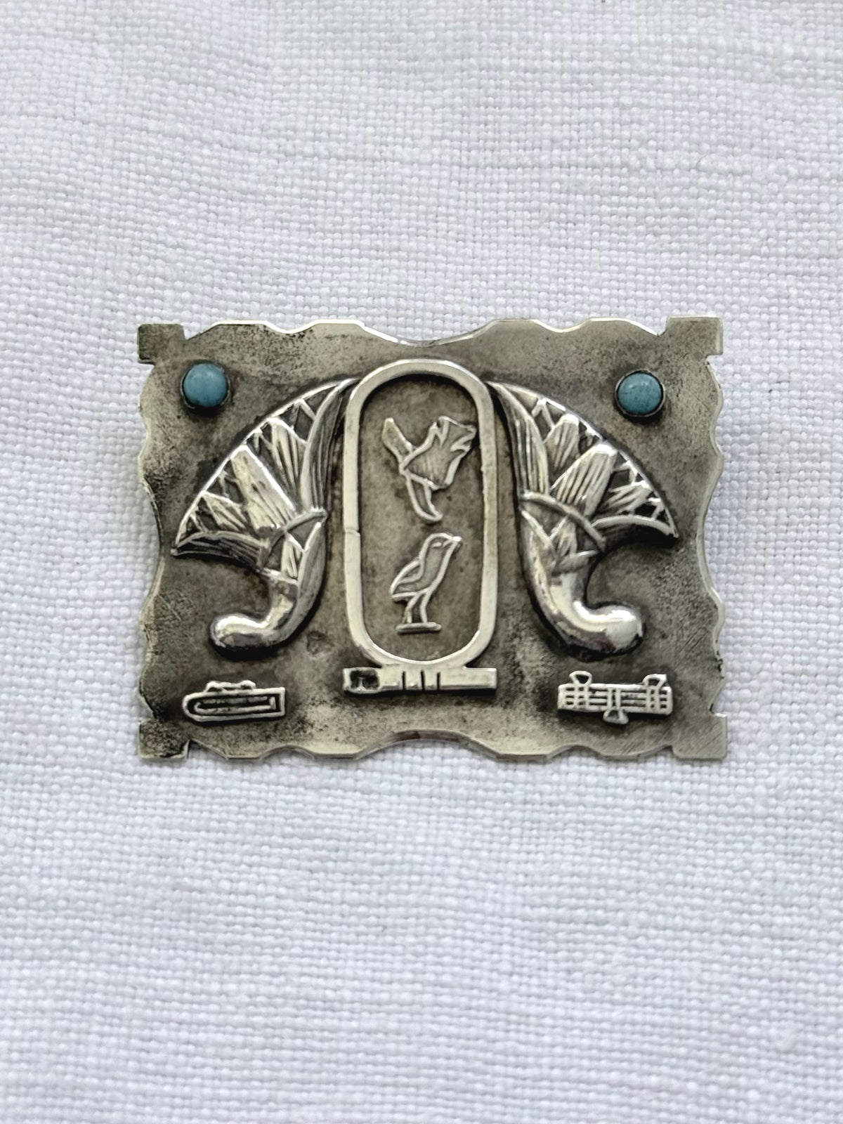 .1940s .800 Egyptian silver Arts & Crafts Hieroglyphics modernist silver and turquoise brooch pin