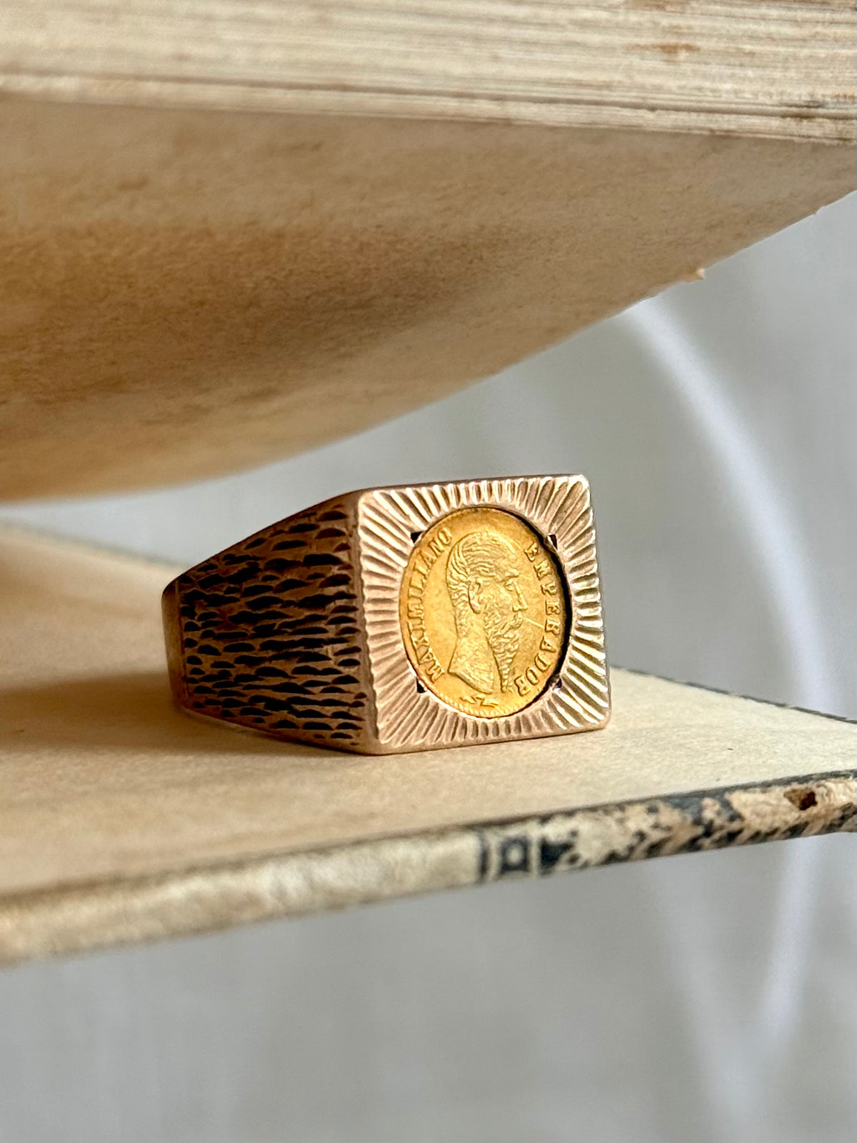 .1960s circa .1865 .375 .9ct gold modernist coin token ring with 22k Mexican circa 1865 high carat gold Emperor Maximiliano collectors coin token