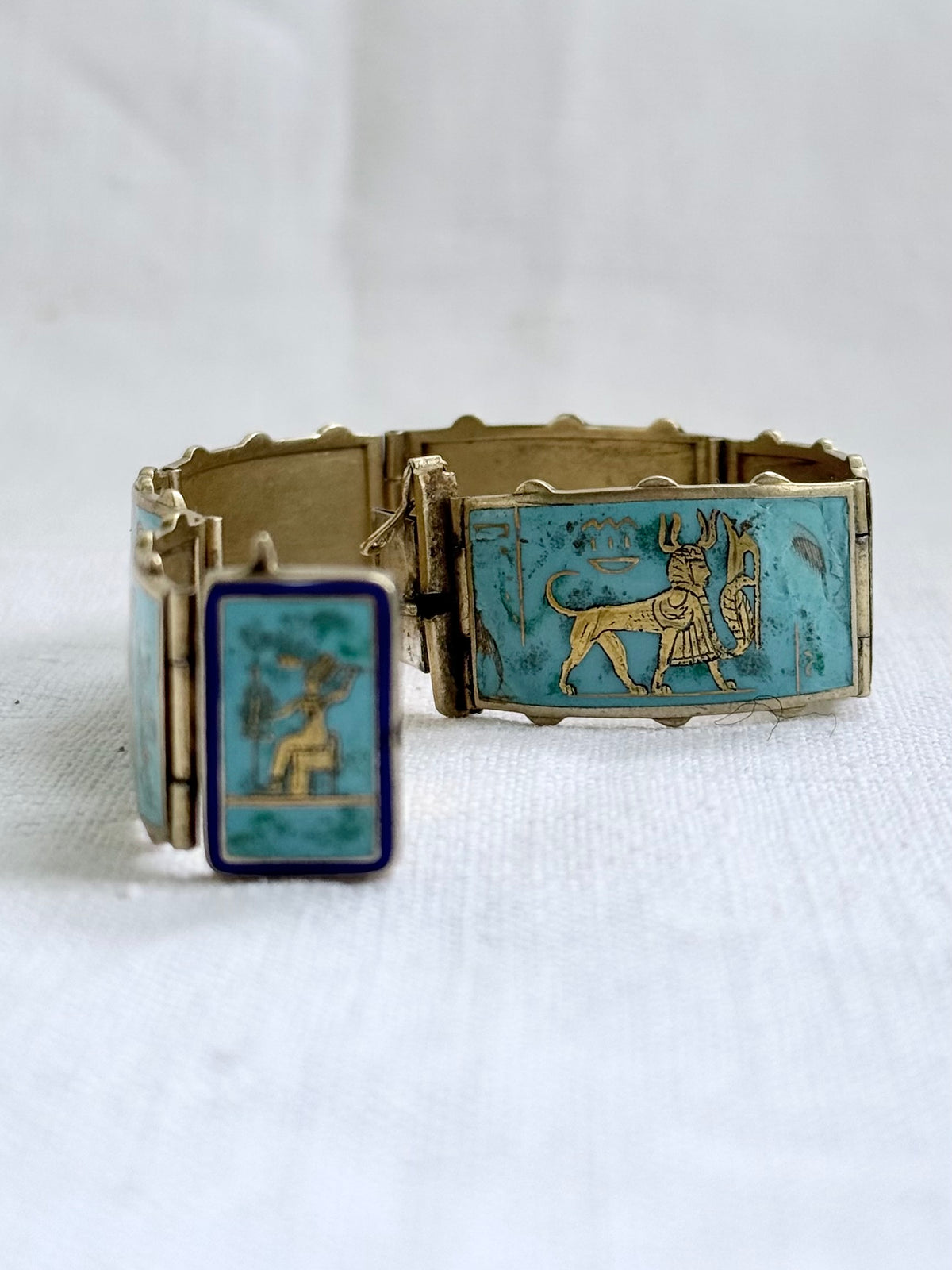 .1920s .935 Egyptian silver rare desired Egyptian revival gold gilded turquoise enamel 6 panel pictorial Pharaoh Egyptology enamel silver gold bracelet