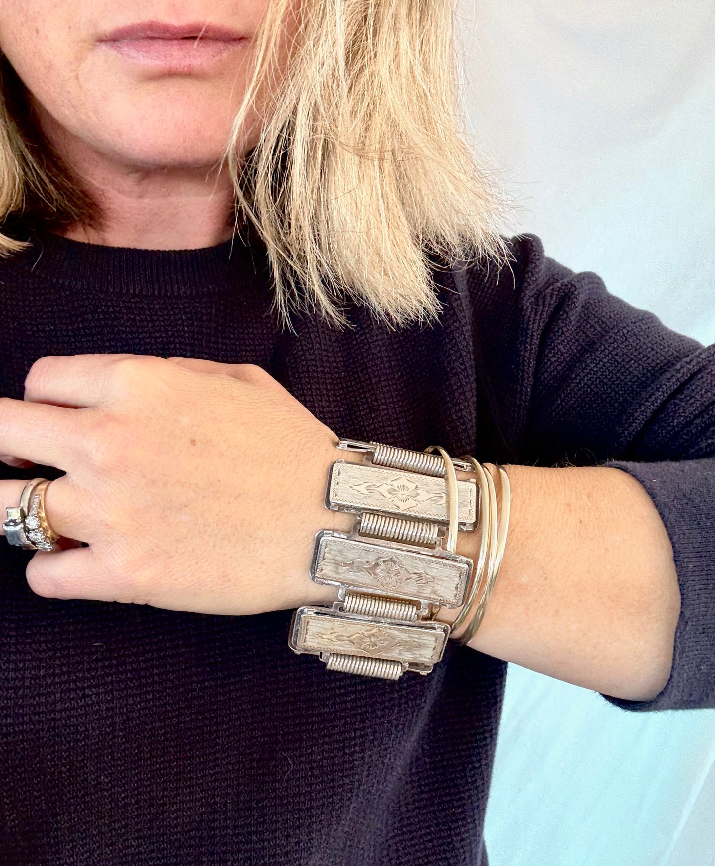 .1880s .1890s .925 Aesthetic Victorian era wide link and solid silver etched panel bracelet