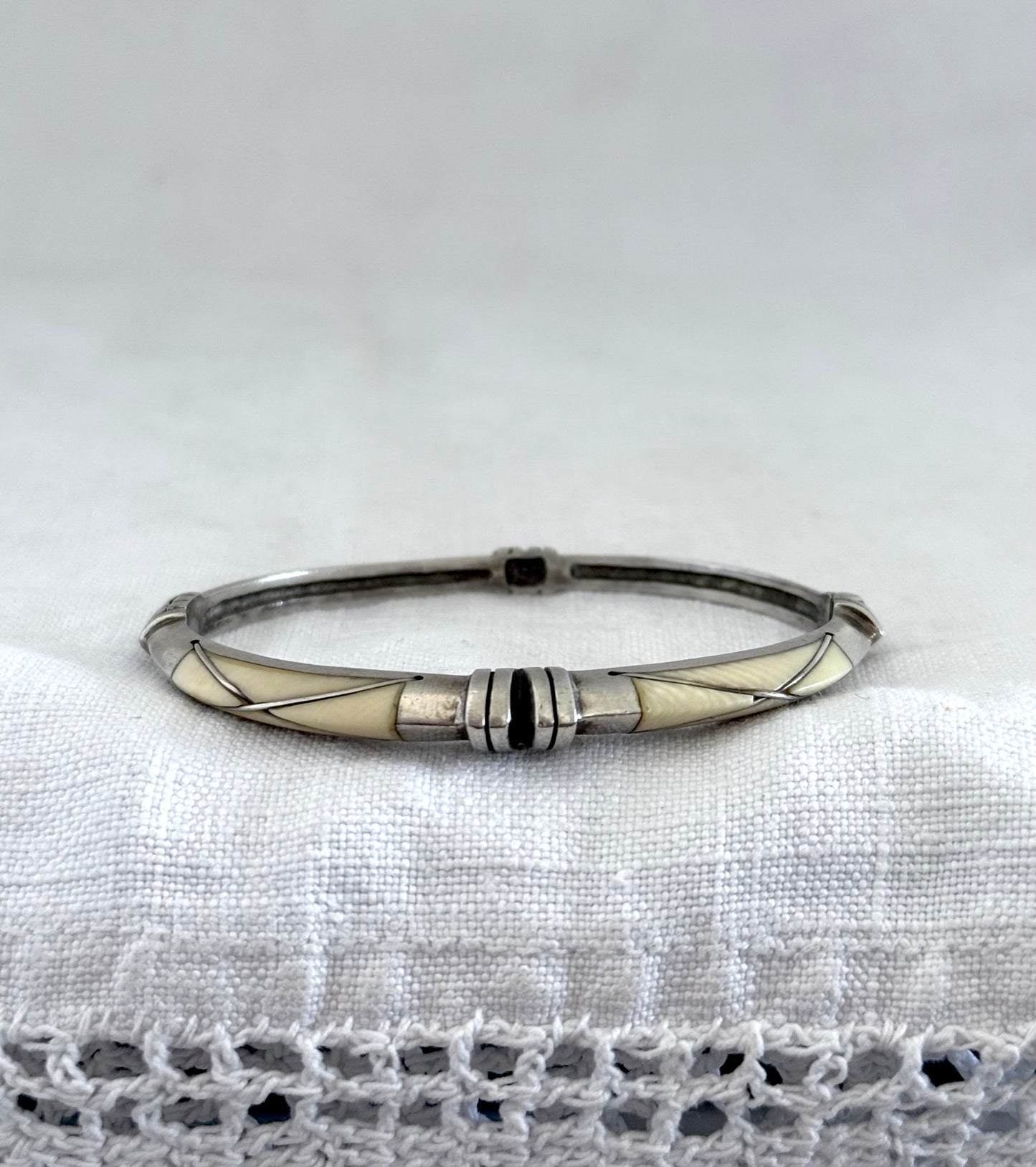 .1940s .1950s .925 modernist silver and ivory inlay tribal style MCM designer clasp bangle