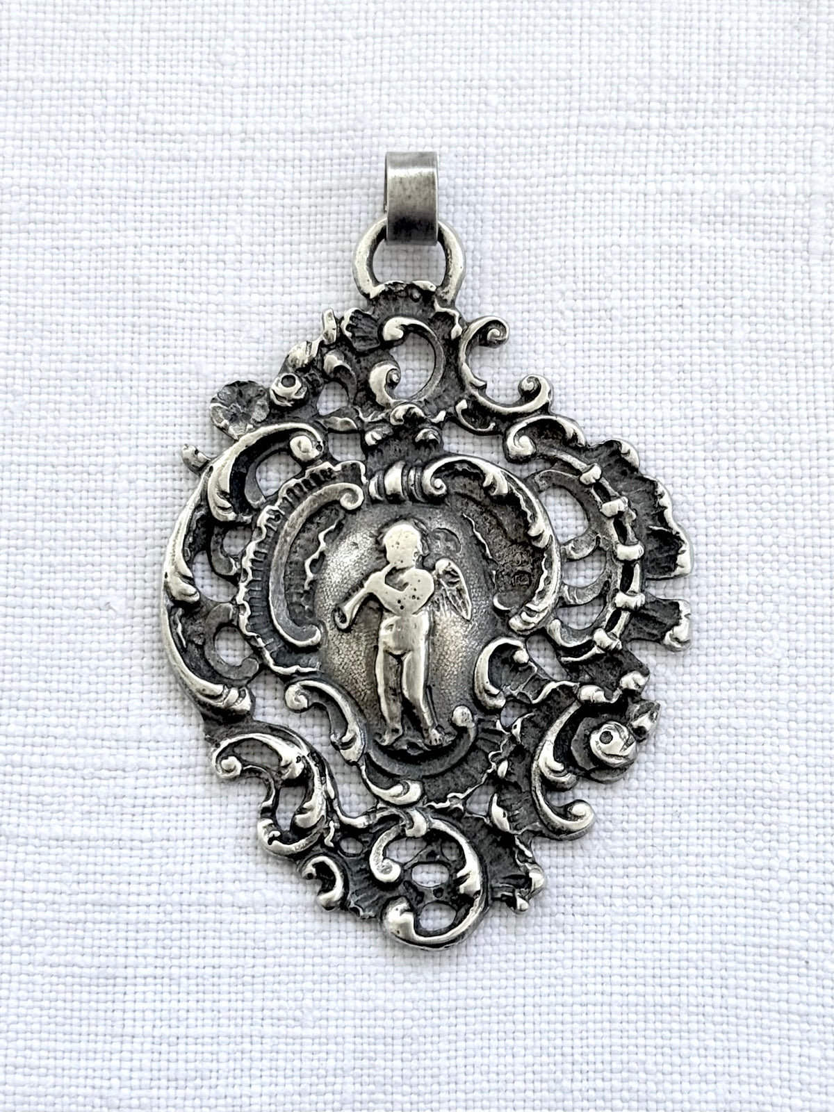 .1896 .925 antique Baroque revival left angel trumpet playing cherub filigree large sterling silver Victorian hallmarked silver pendant