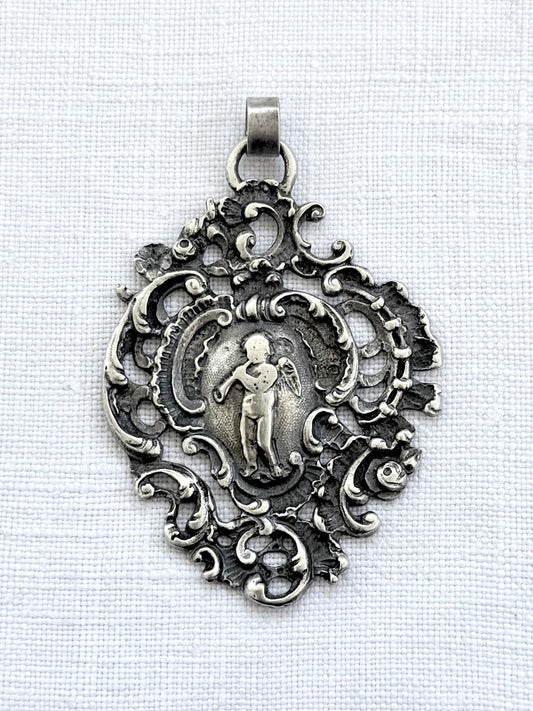 .1896 .925 antique Baroque revival left angel trumpet playing cherub filigree large sterling silver Victorian hallmarked silver pendant
