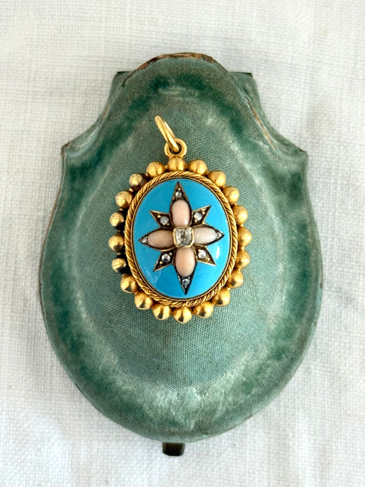 .15ct .1850s .1860s antique Victorian Yellow Gold Cushion cut Diamond Rose Cut Diamond star starburst Angel Coral and Blue Enamel Etruscan Revival Beaded border Mourning locket pendant