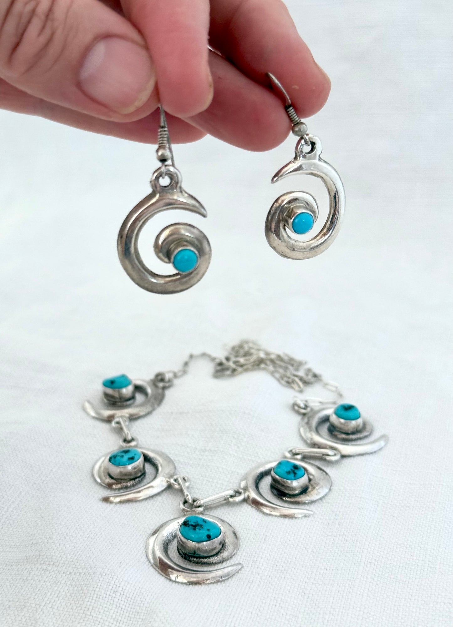 .1970s .925 artisan made Navajo silversmith turquoise silver swirl pattern necklace and designer Mildred Parkhurst earring set