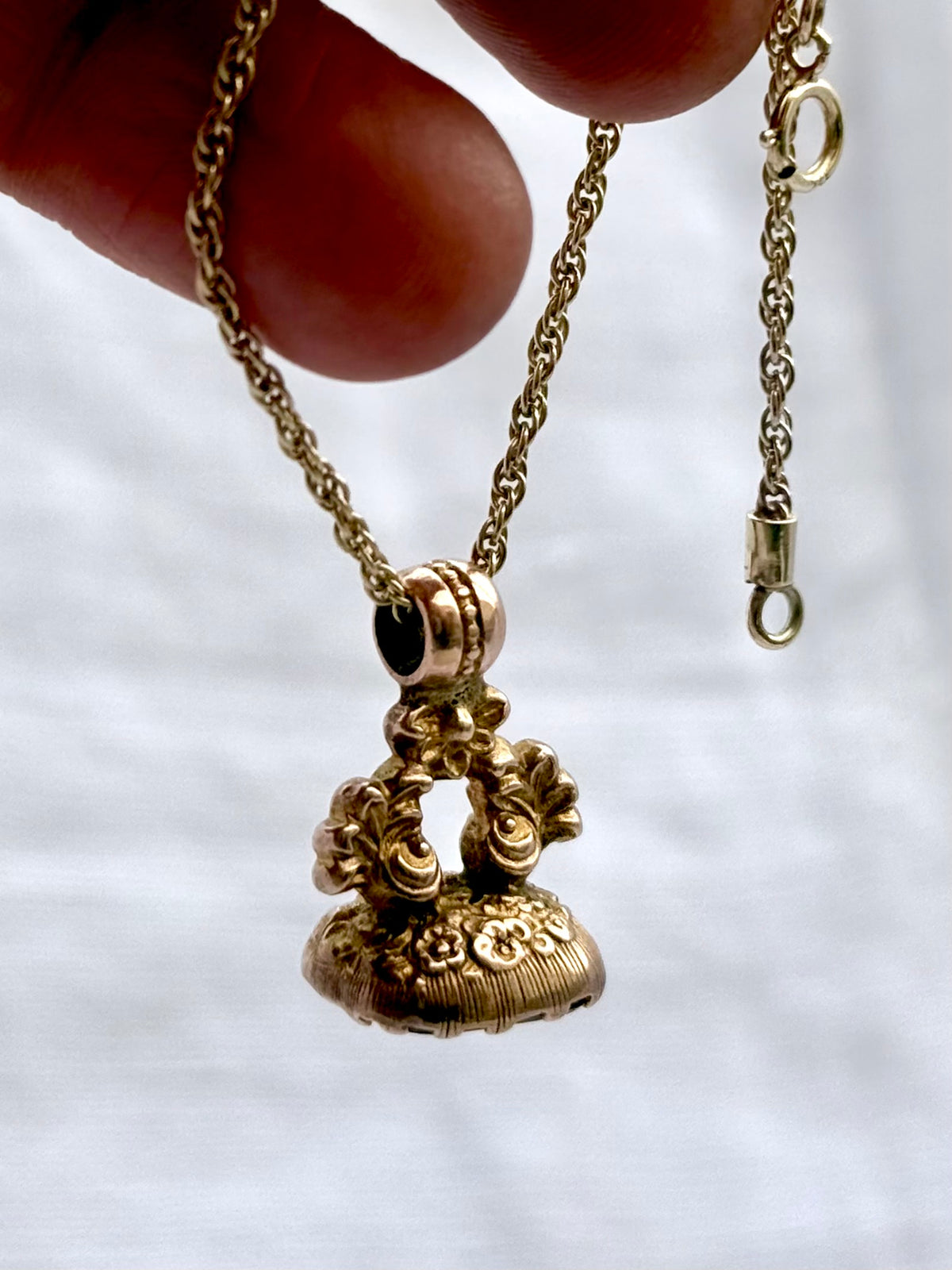 .1800s .1830s .375 .9ct antique Baroque revival Georgian hand carved solid rose gold “Sanah” engraved Onyx gemstone wax seal fob pendant