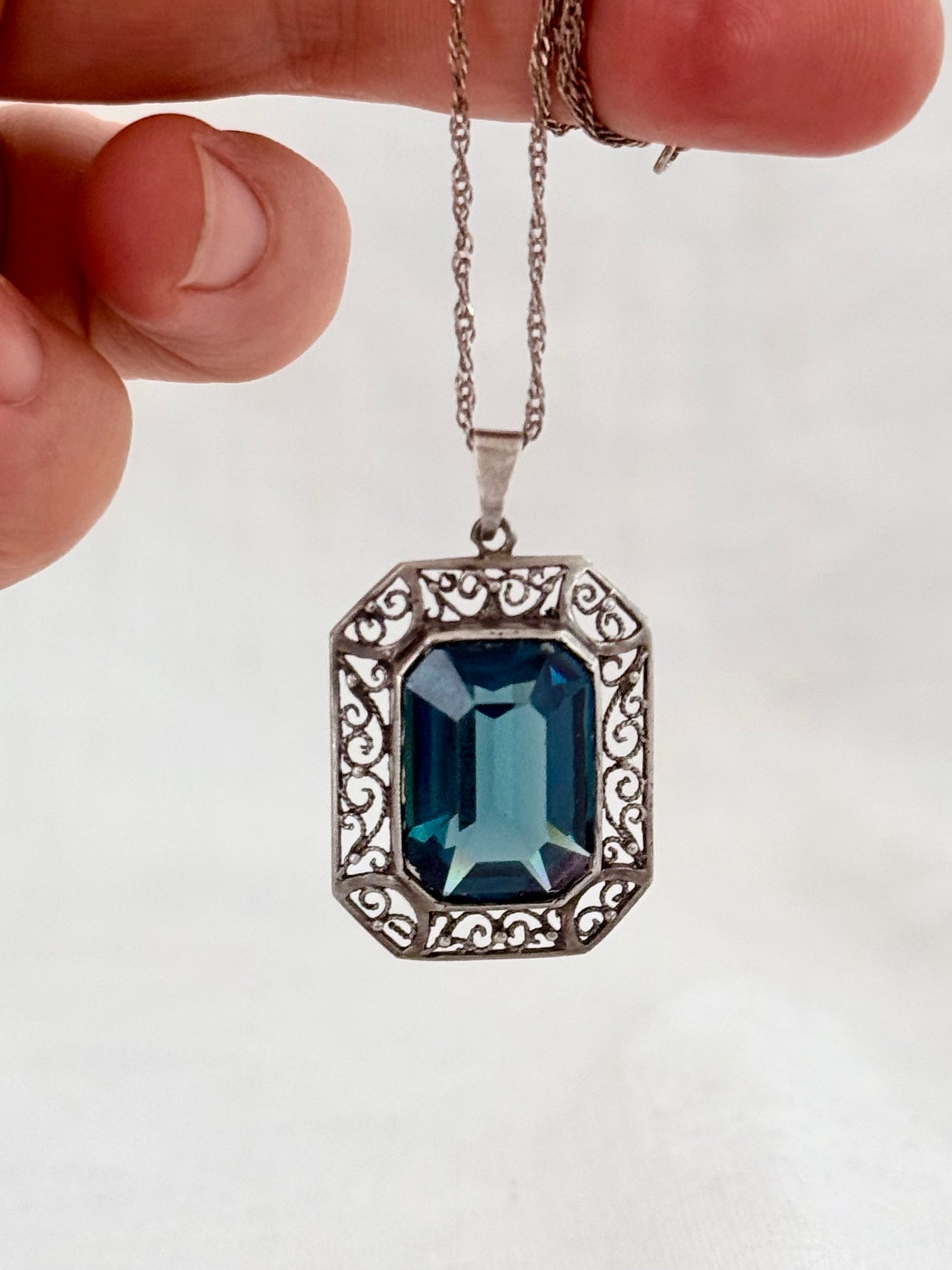 .1930s .1940s .925 silver late Art Deco Sapphire blue faceted paste gemstone pendant on silver chain