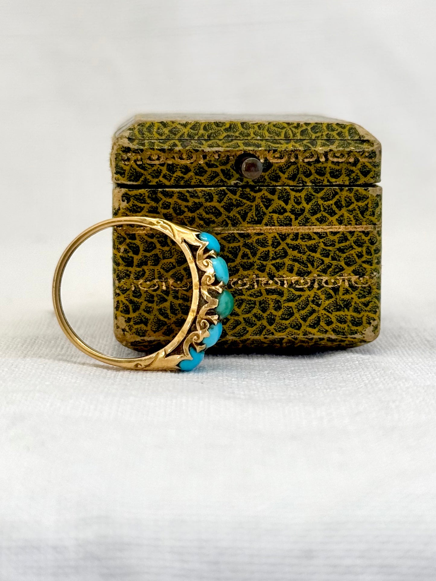 .18ct .1890s .5 turquoise Victorian blue gemstone half eternity high carat gold dress ring