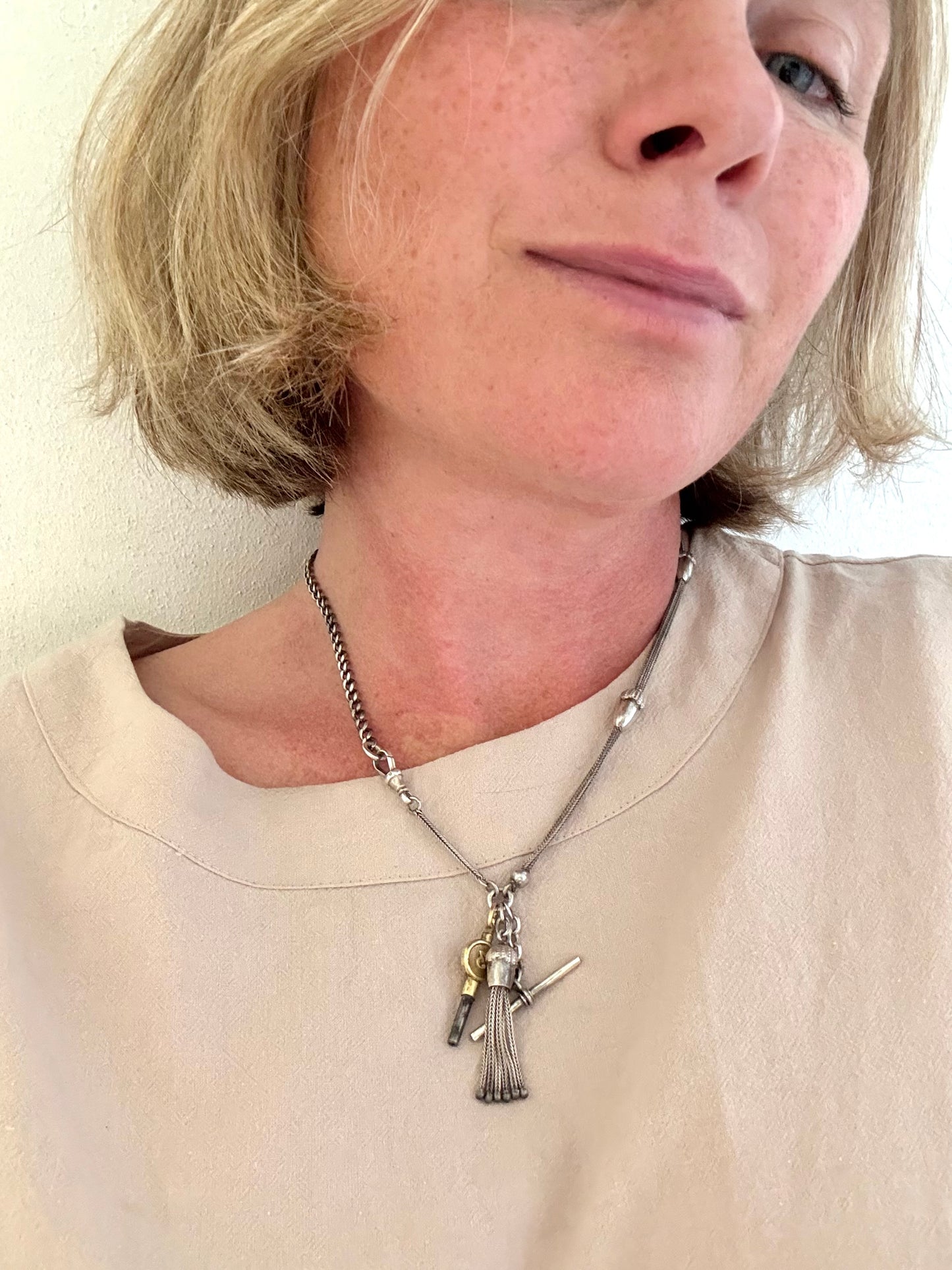 .1890s .1910s .925 antique rare Belle Epoque fancy Acorn lucky token Albertina chain hallmark silver fob chain necklace with Etruscan revival tassel fob and brass watch winder key dangles