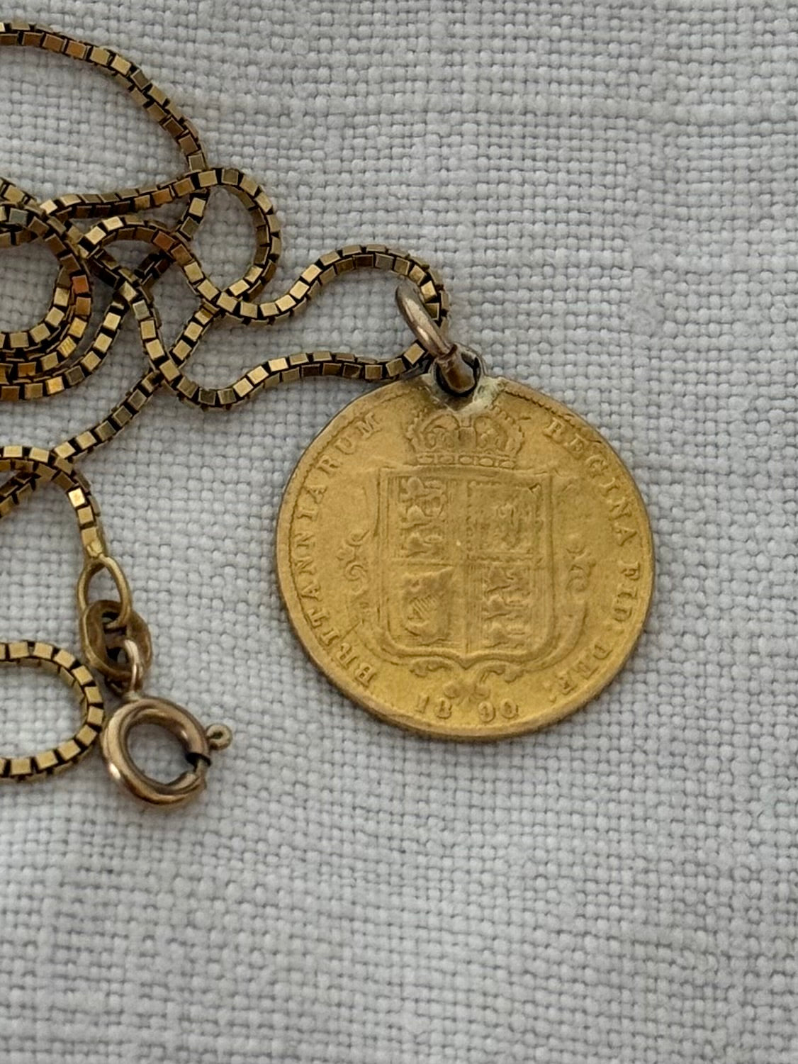 .1890 .22ct gold true antique half sovereign Victorian fine gold coin pendant