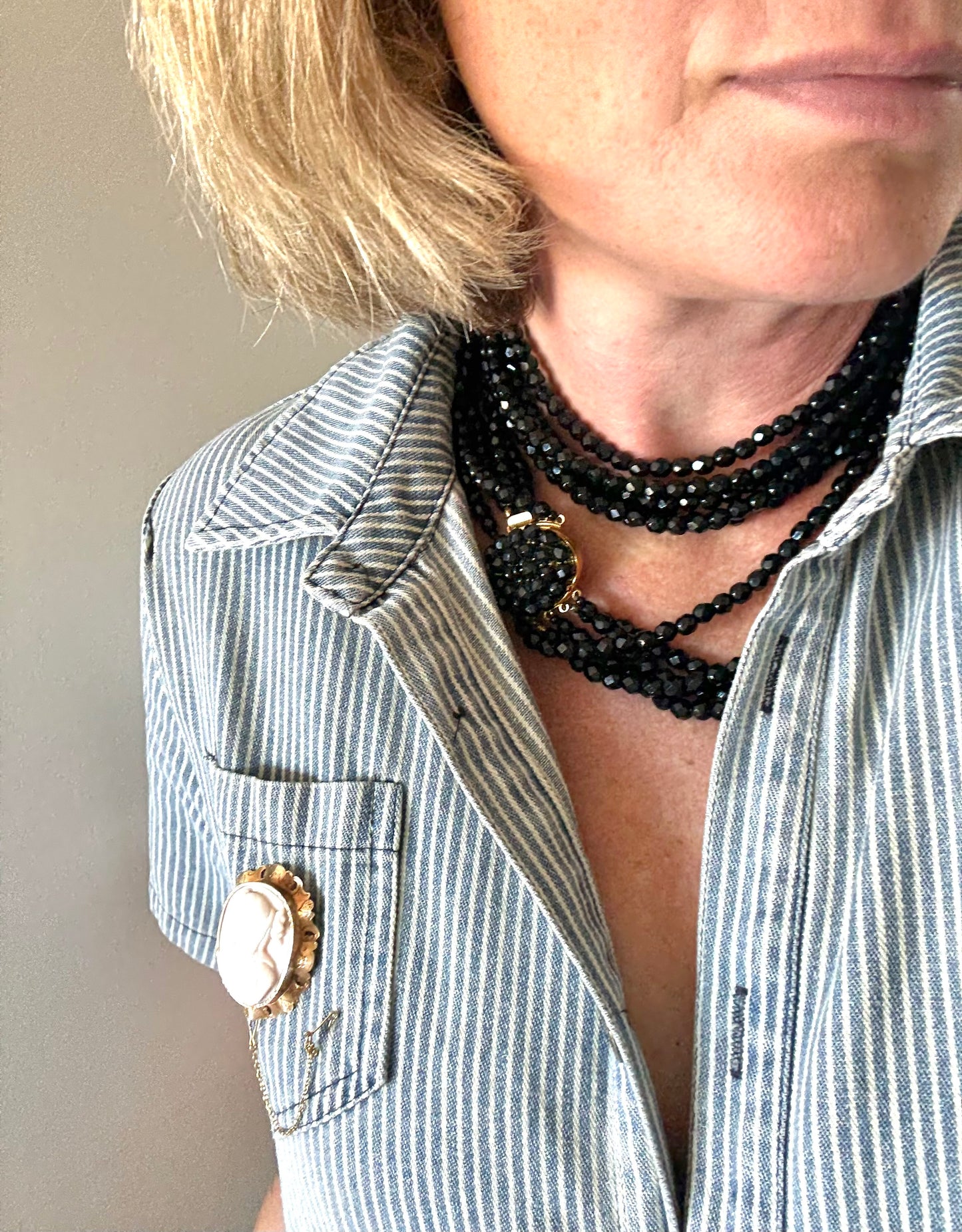 .1940s 1950s .5 strand .96cm long glamorous jet black faceted glass bead multi strand long cocktail necklace