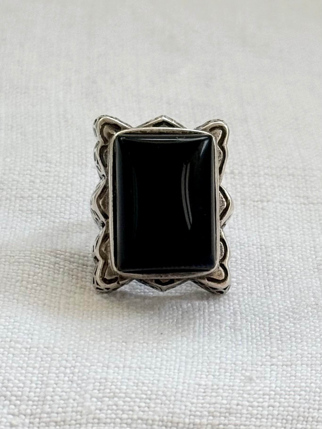 .925 artisan made large black Onyx cushion cut gemstone sterling silver lace cut statement dress cocktail ring