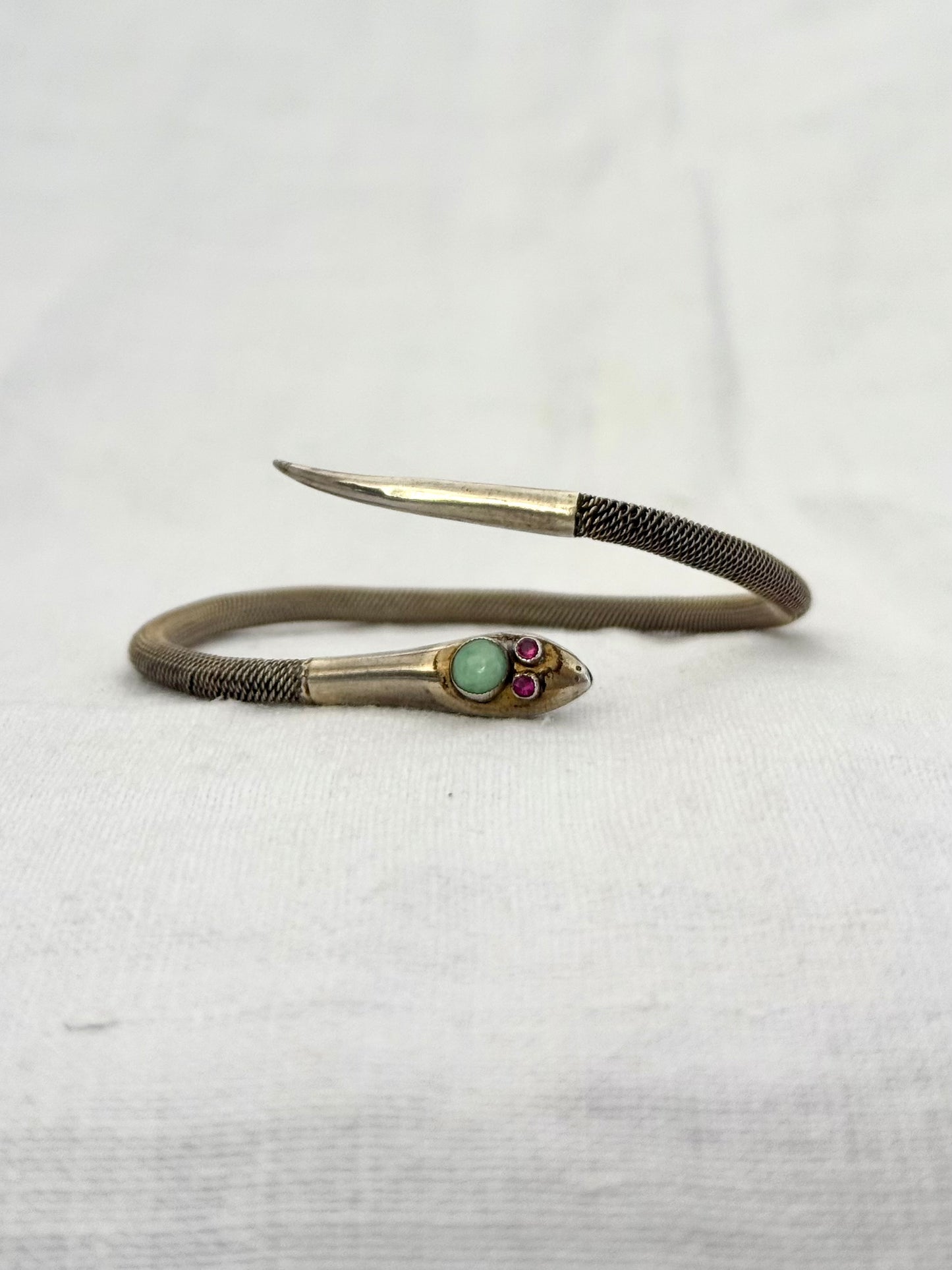 .1920s .1930s antique Victorian revival silver Snake Serpent and Chrysoprase Ruby gemstone head bangle