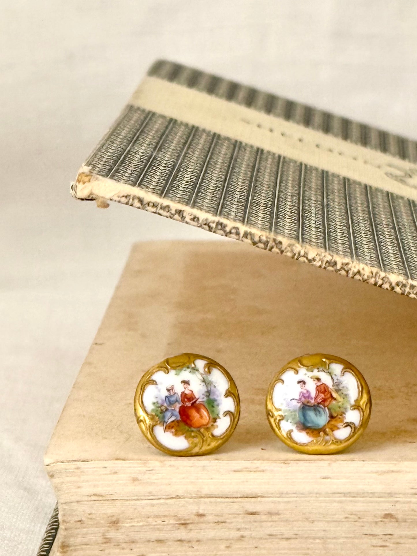 .1940s era Limoges hand painted romantic vintage porcelain button earrings