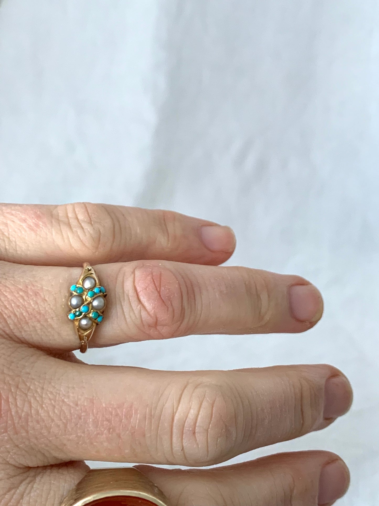 .1890s .375 9ct antique buttery gold turquoise seed pearl lovers knot late Victorian ring