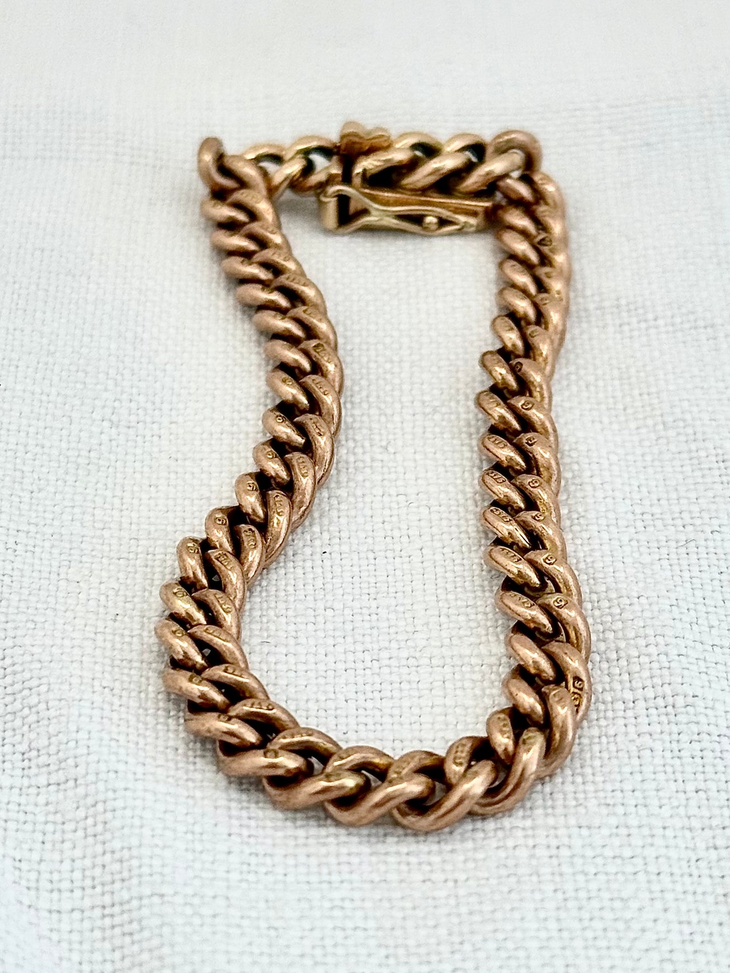.1900s .375 9ct antique heirloom gold chunky solid weighted warm Rose Gold English 9ct gold hallmarked curb chain fob chain box clasp bracelet