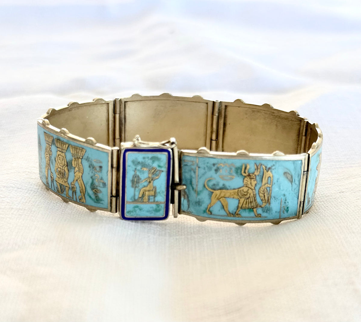 .1920s .935 Egyptian silver rare desired Egyptian revival gold gilded turquoise enamel 6 panel pictorial Pharaoh Egyptology enamel silver gold bracelet