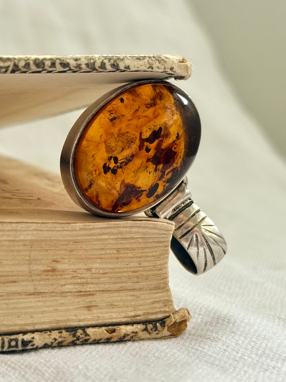 .925 Amber gemstone Artisan made modernist geometric shaped boho tribal style large Amber gemstone silver pendant