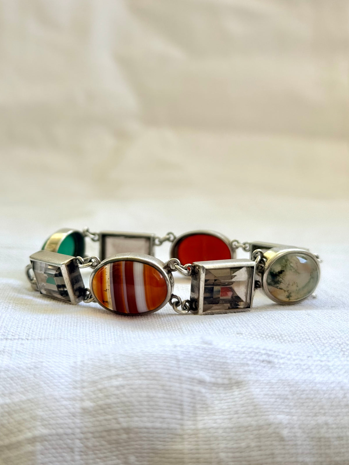 .1990s .2000s .8 stone .925 silver chunky statement artisan made Modernist gemstone links segment bracelet