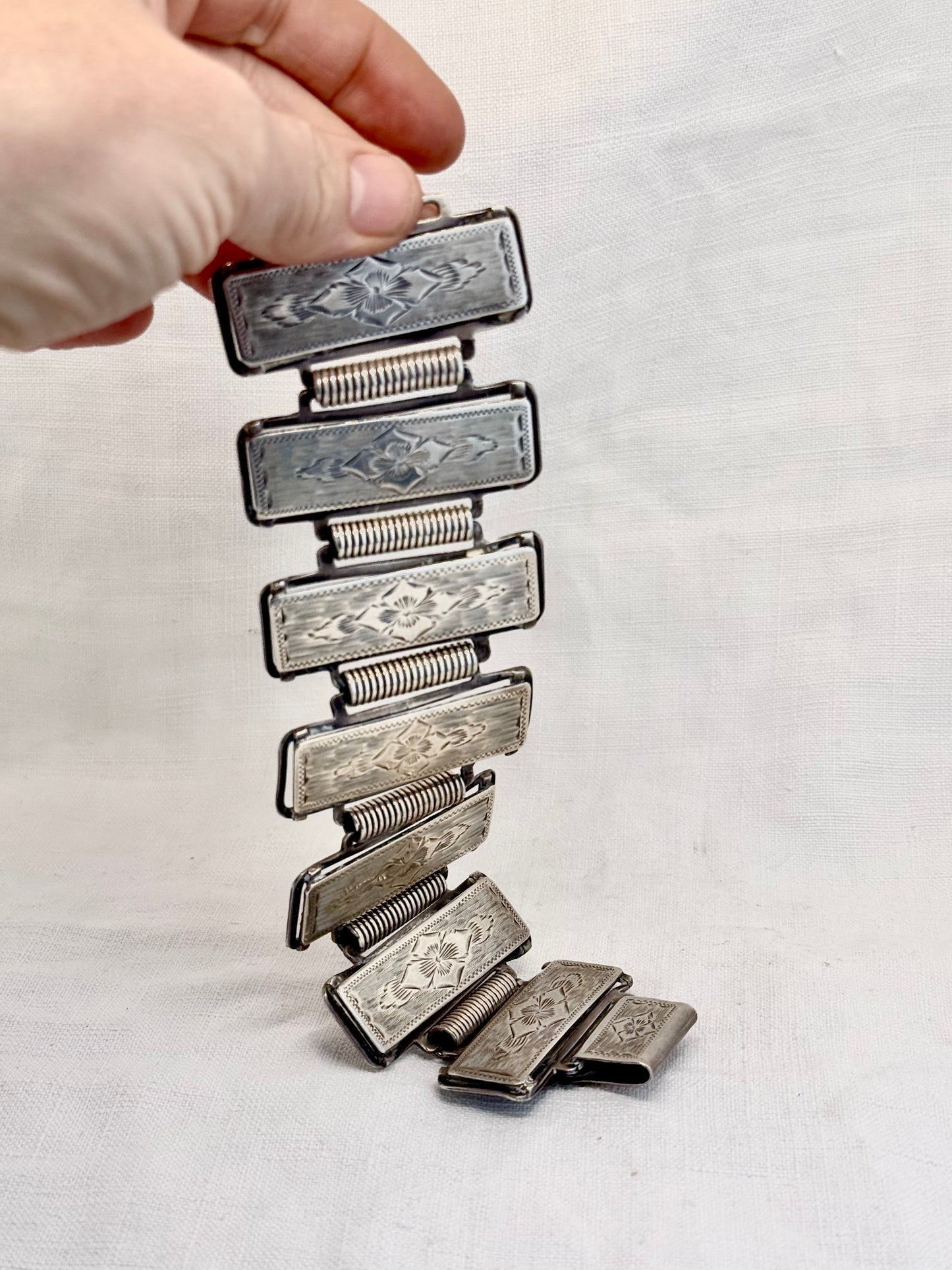 .1880s .1890s .925 Aesthetic Victorian era wide link and solid silver etched panel bracelet