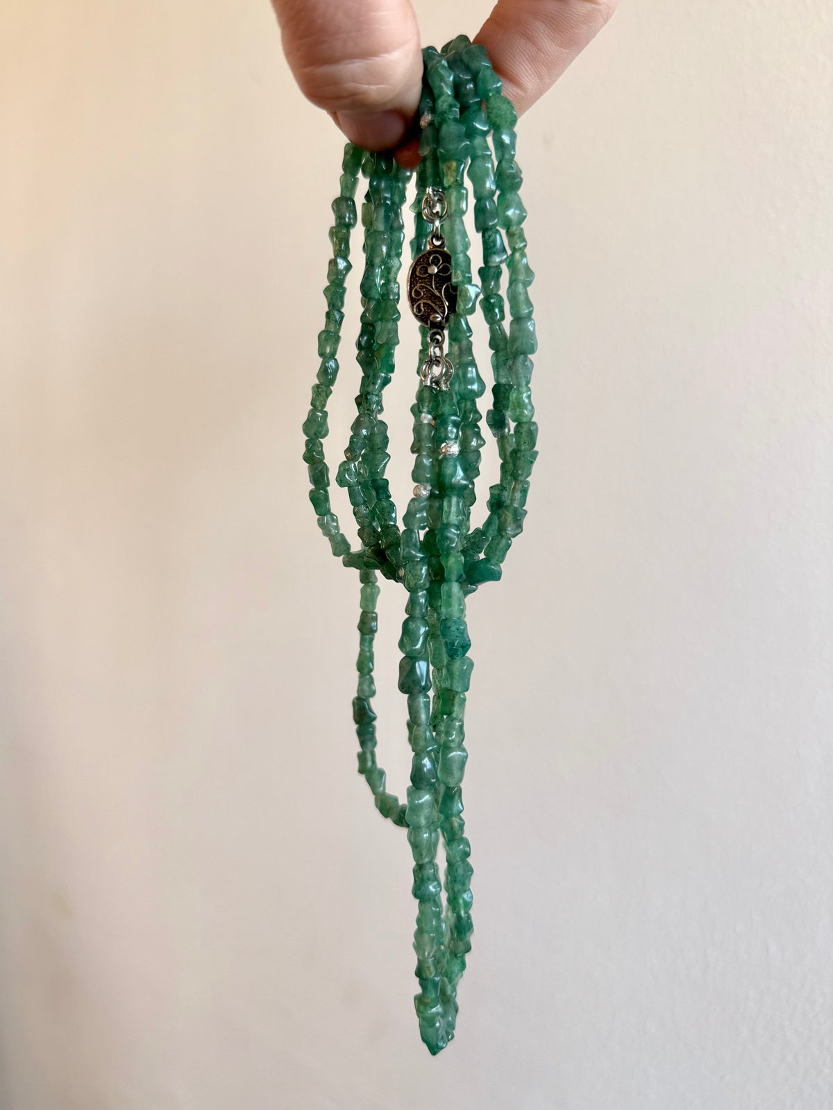 .1920s .1930s .1940s Chinese Aventurine “old Jade” Multi strand hand carved silver bamboo link export silver box clasp collectors necklace