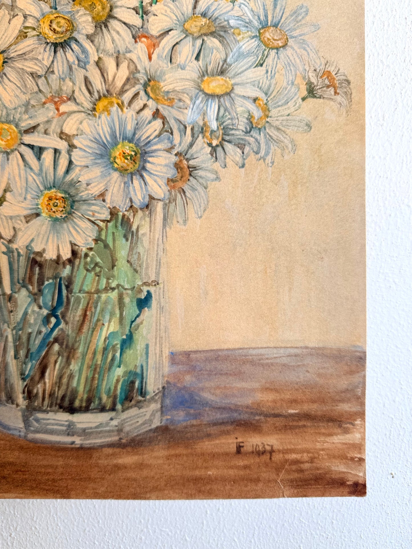.1937 artist signed watercolour still life Daisies artwork art
