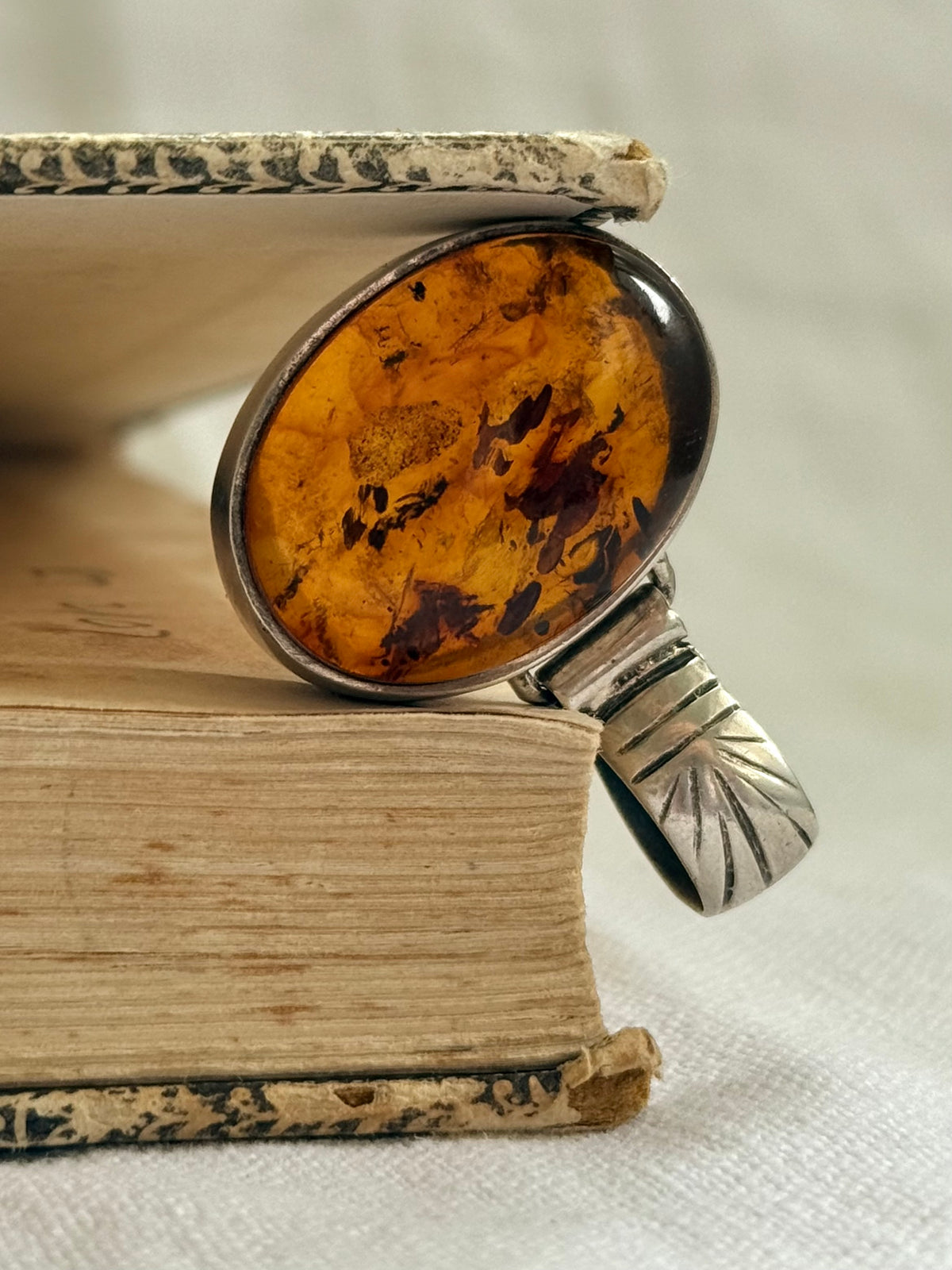 .925 Amber gemstone Artisan made modernist geometric shaped boho tribal style large Amber gemstone silver pendant