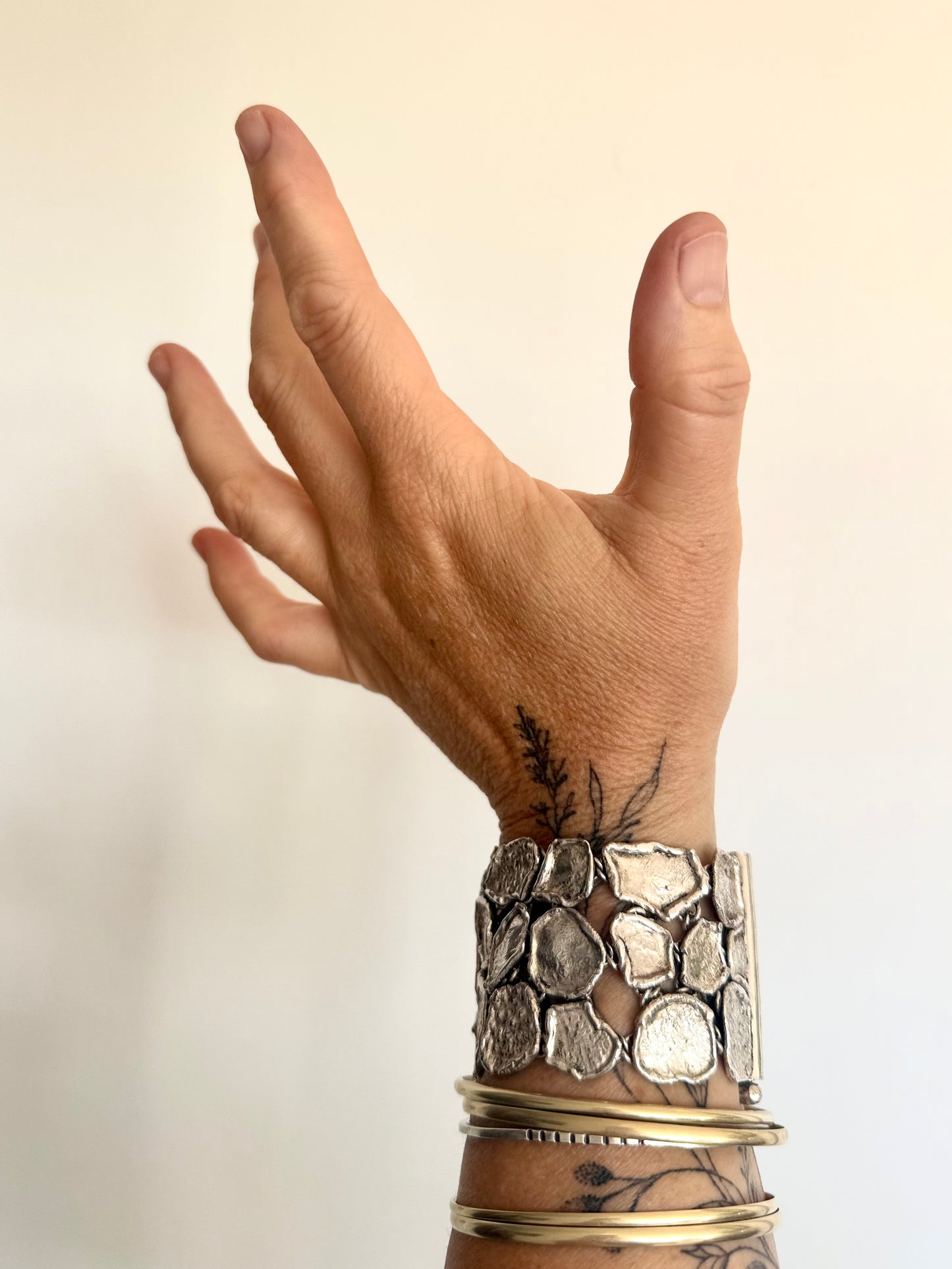 .1950s .925 Brutalist Modernist chunky silver hand made free form wide solid silver accent panel bracelet