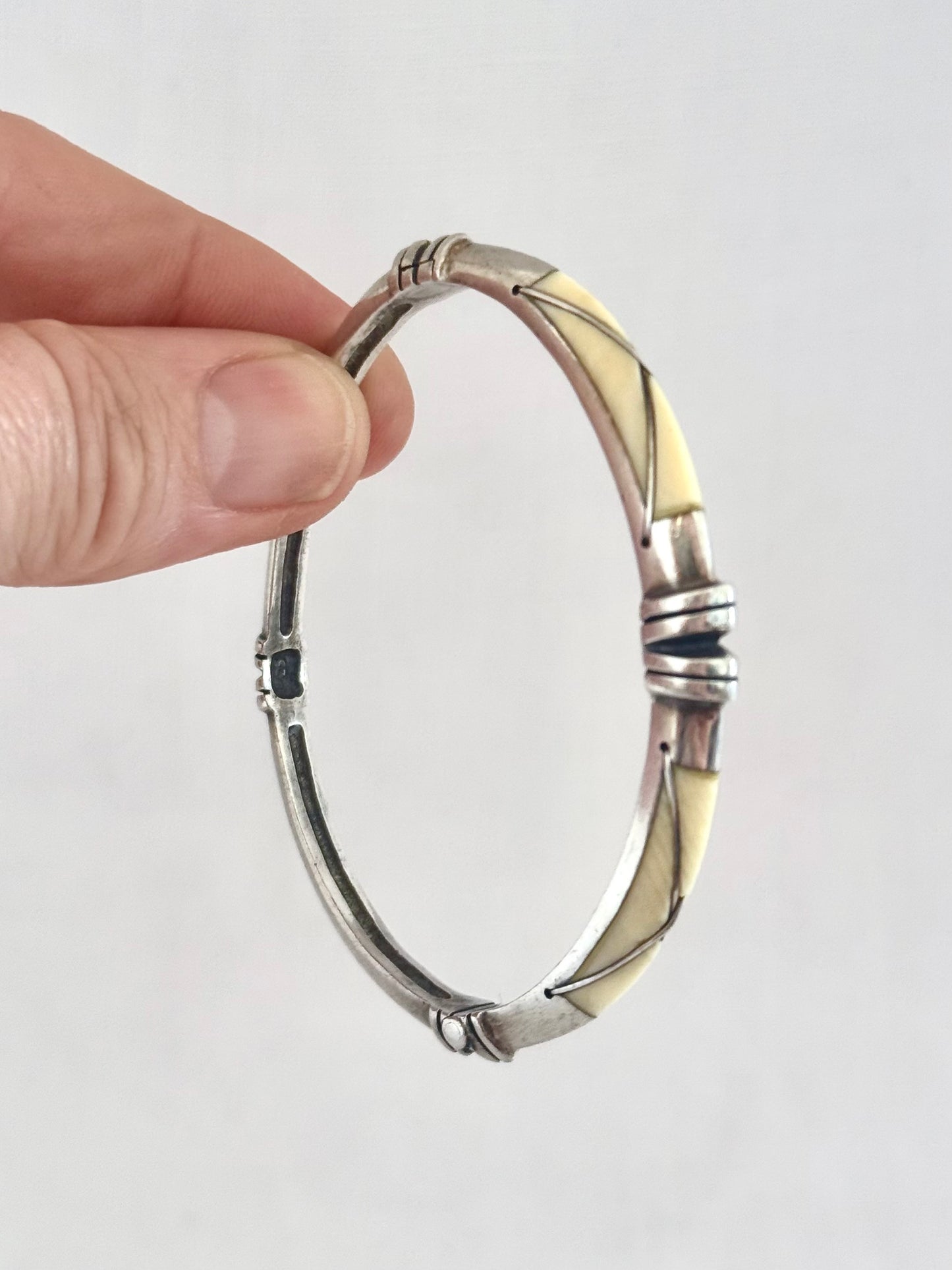 .1940s .1950s .925 modernist silver and ivory inlay tribal style MCM designer clasp bangle