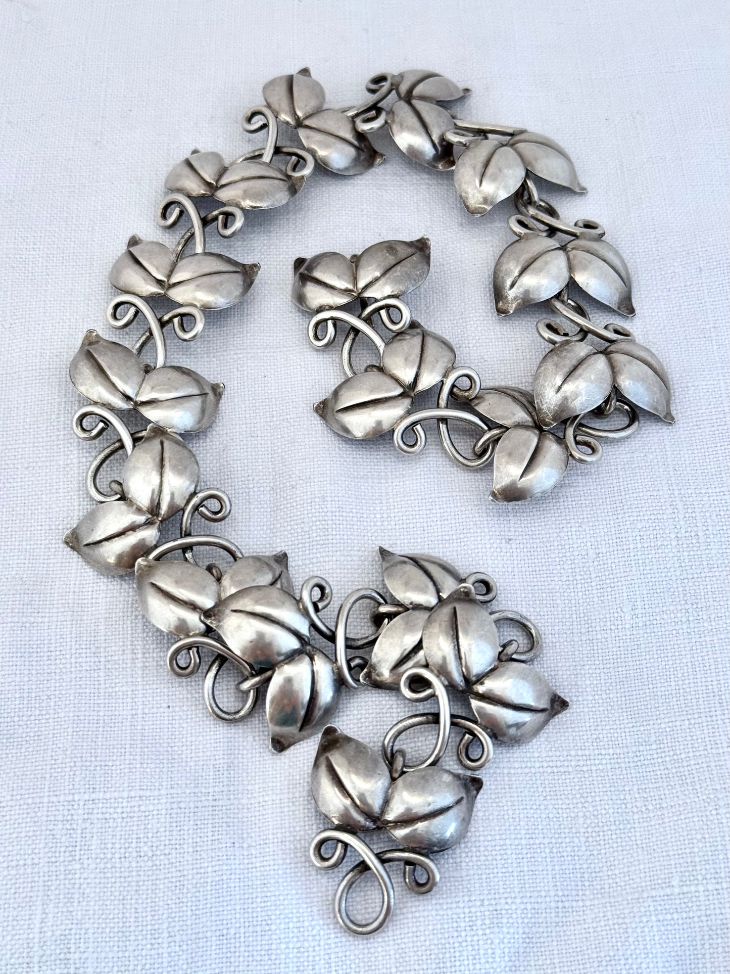 .1946 .925 designer mid century modern double leaf solid sterling silver modernist Scandinavian Swedish Haglund designer heirloom statement necklace