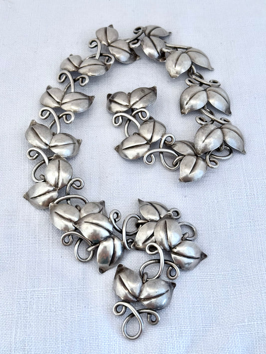 .1946 .925 designer mid century modern double leaf solid sterling silver modernist Scandinavian Swedish Haglund designer heirloom statement necklace