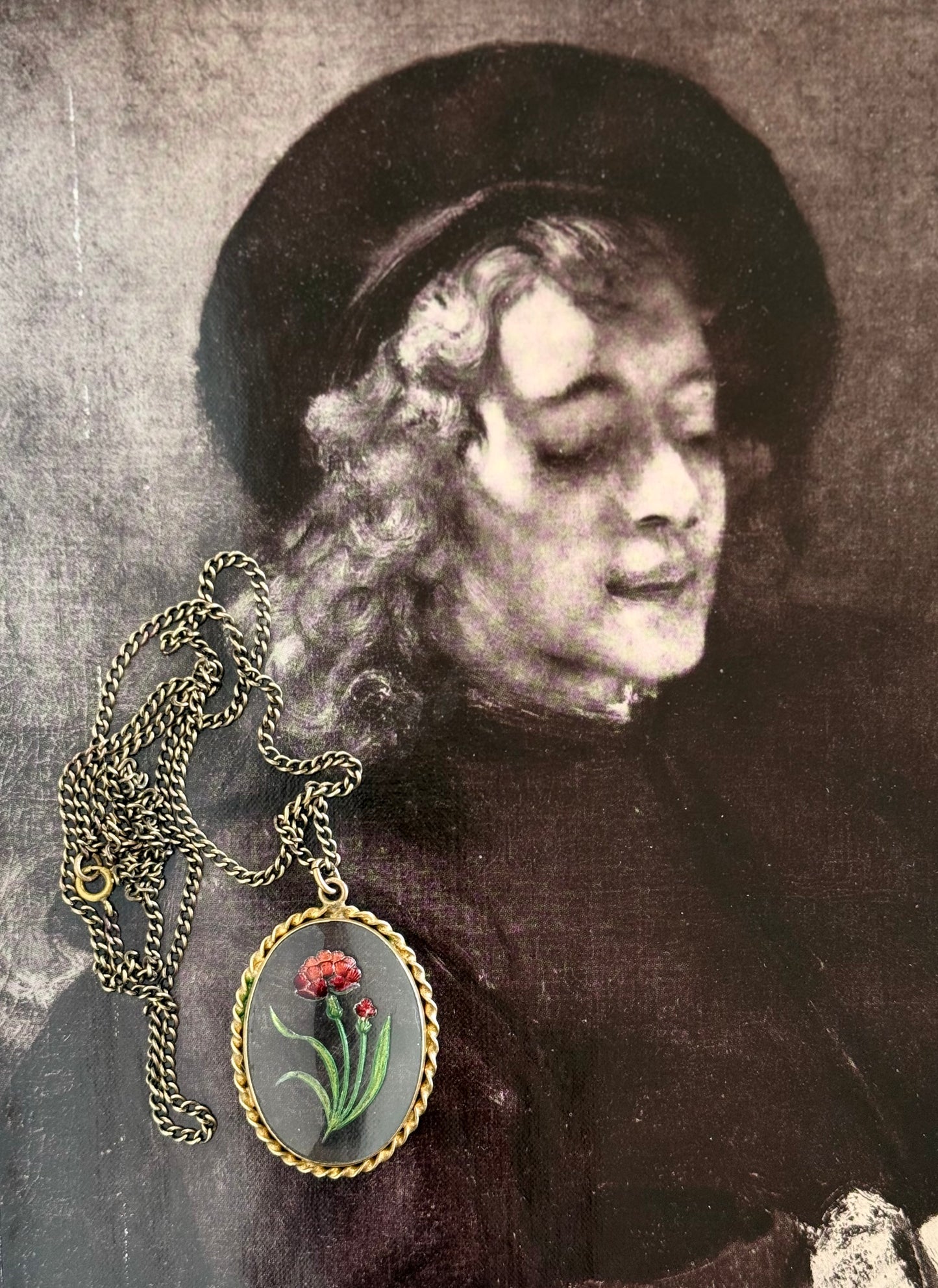 .1900s .1920s antique artisan reverse glass Carnation flower hand painted floral glass cabochon pendant