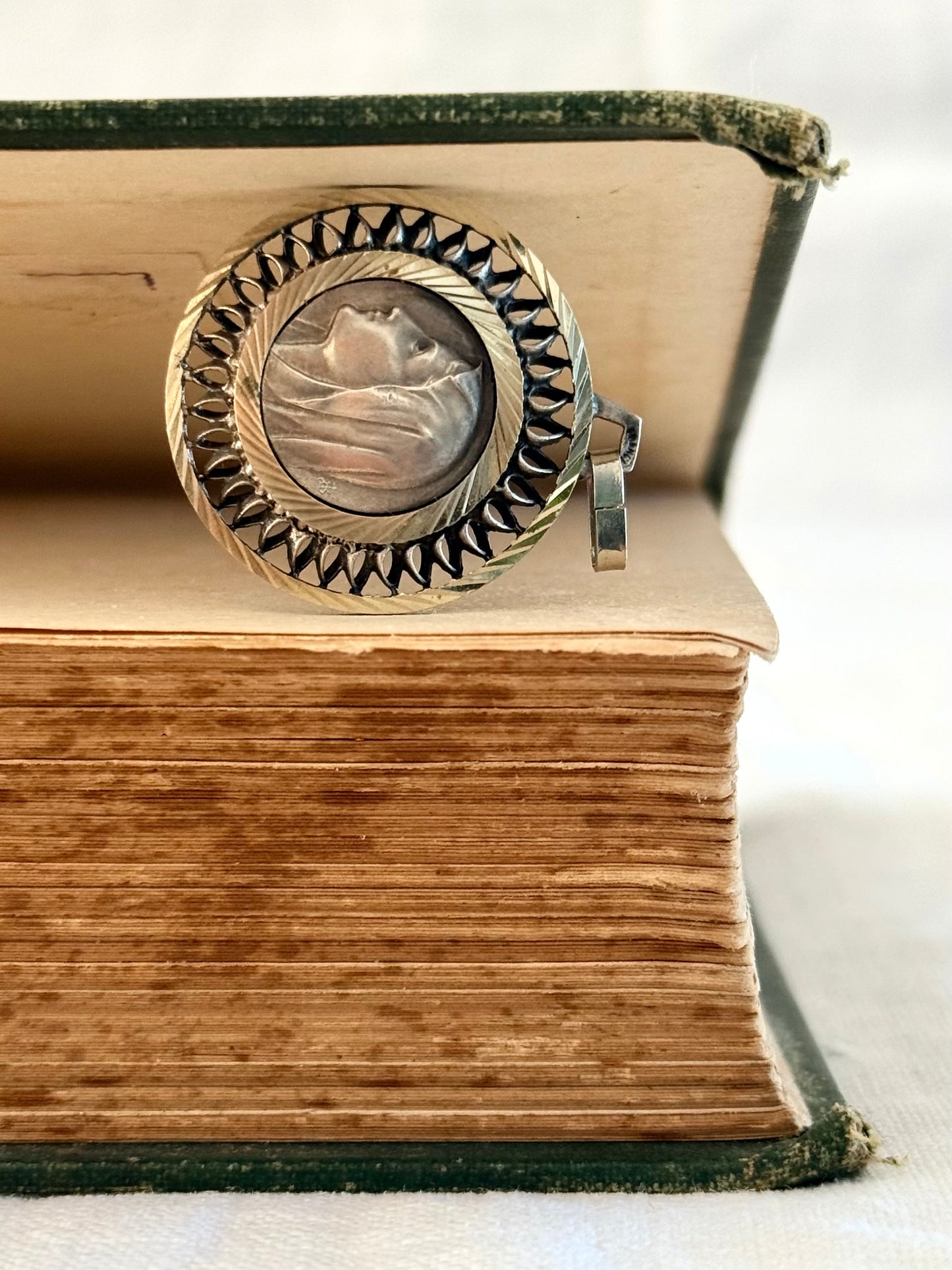 .1950s .1970s French Religious Holy Virgin Mother Maria Fatima Roman Catholic signed medallion token pendant