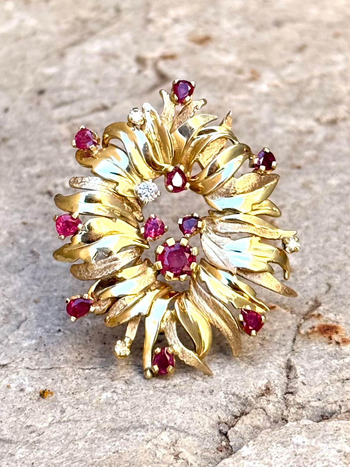 .1960s .1970s .375 gold modernist Diamond and Ruby gemstone heirloom Edelweiss flower spray brooch pin